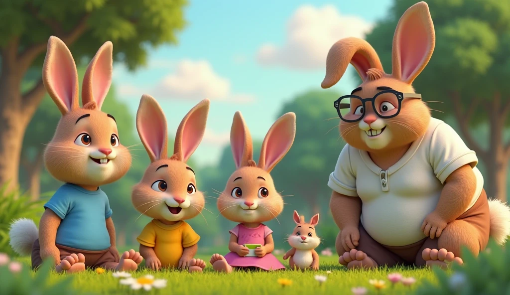 3D cartoon style, family sitting in green garden, Toppo explaining ...