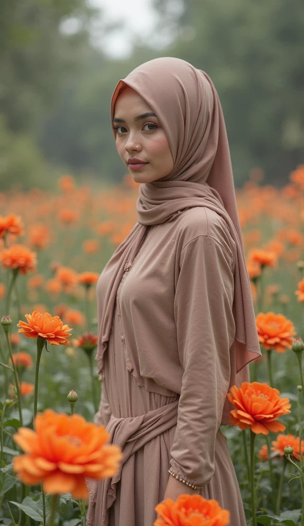 An artistic pastel blue-themed photo of a woman in a hijab, black color hijab, maroon dress with long flowery cardigan, holding sunflower bouqet, kawaii, standing amidst a field of tall, golden grass. The scene is bathed in warm, soft sunlight, with the blue sky overhead creating a harmonious and tranquil contrast.