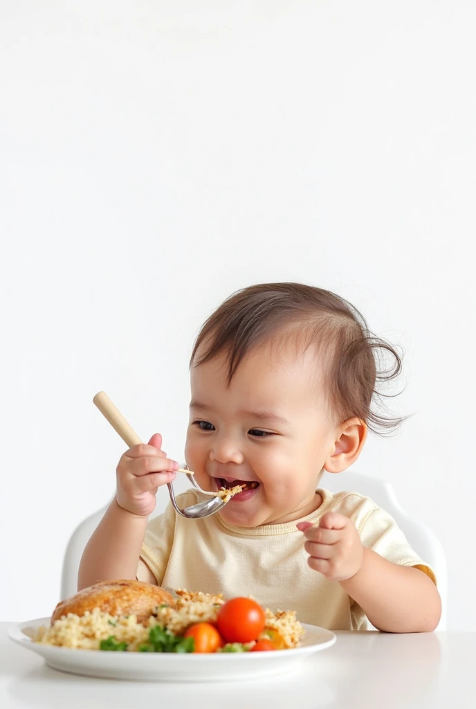 an 8 month old baby sitting in the highchair, eating cooked vegetables, happy baby, detailed facial features, chubby baby, lovely expression, Bright lighting, softfocus, natural colors, warm toned, photorrealistic, high qualiy, 8k, hyperdetailed, work of art