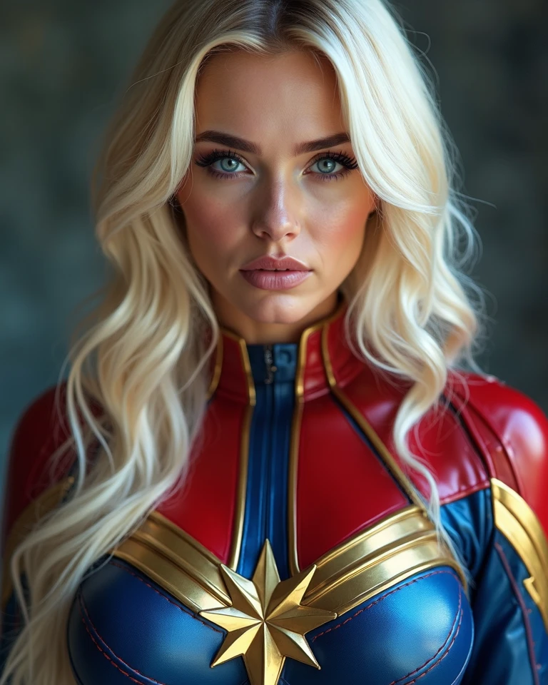 Meghan Markle, wearing Captain Marvel costume sexy clothes, her costume is transparent, (revealing her skin), professionally retouched, soft lighting, realistic, smooth face, perfect eyes, sharp focus on eyes, 8 k, high definition, insanely detailed, intricate, elegant. in a cosmic background, (((visible breasts))), she is removing her. Costume, visible nipples, visible vagina, blonde hair, blue eyes