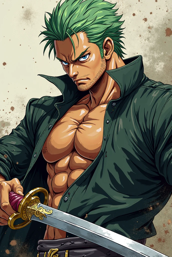 Please create a cool close-up illustration of an angry male character from ONE PIECE.Roronoa Zoro, Zoro from One Piece,cool、knife,Eye wounds、dramatic