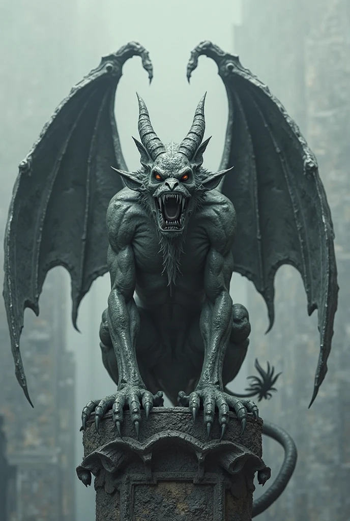 (medium full shot) of (imposing obsidian black rough stone gargoyle) with humanoid body , feathered wings, olive green eyes, broken horns, spiked tail spines along back, set in a mystical gothic cathedral, with glowing runes, echoing chants, an enchanting aura, ,Masterpiece,best quality, raw photo, realistic, very aesthetic, dark