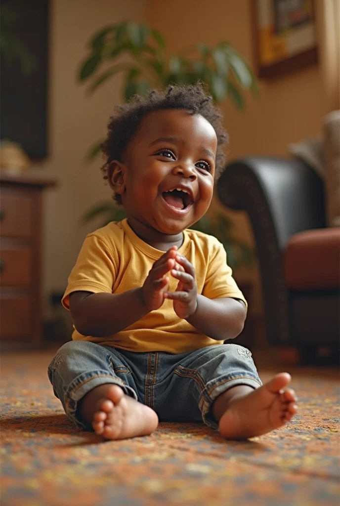 Create UHD photorealistic realistic image, no animation, no 3D image, no Pixar style. A 22-month-old French boy of mixed African and French descent, with short curly hair and warm brown eyes, sitting on a large cushion with a gentle smile. The background shows a cozy, softly lit room with warm colors. Shot with a Sony Alpha 7R IV, 85mm lens, f/1.4,