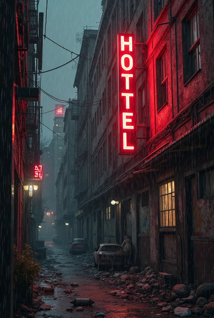 Exterior of a gritty, rundown hotel at night, heavy rain, flickering ...