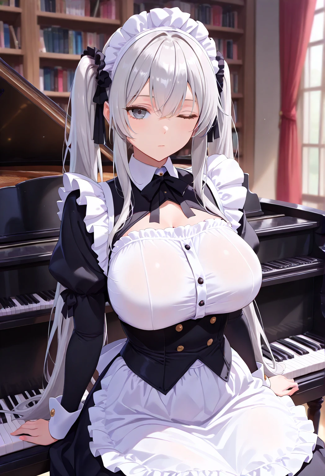 masterpiece, best quality, absurdres, highres, newest, 1girl, solo, <lora:grandpiano-concept-richy-v1_ixl:1> white piano, grand piano, sitting, playing piano, <lora:cinderella-nikke-richy-v1_ixl:1> cinpri, blue eyes, white pupils, white hair, twintails, very long hair, hair over one eye, one eye covered, eyebrows hidden by hair, hair bow, star hair ornament, silver crown, minicrown, huge breasts, neck ribbon, choker, cleavage, see-through dress, white dress, bare shoulders, detached sleeves, frills, white nails, from side, looking at viewer, closed mouth, half-closed eyes, blush, light smile, window shadow, indoors, thighs, bursting breasts, perky breasts, collarbone, bare shoulders, sunlight, (areola slip:0.6)
