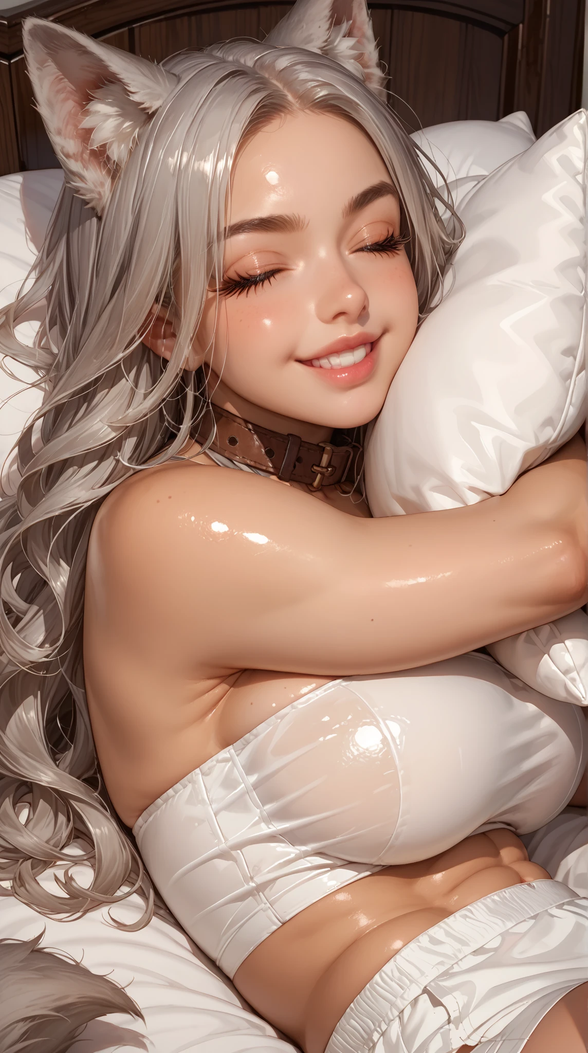 Ayaka,((golden hair)), fox ears,beautiful face,smiling,close up abs, moderate breast,sitting on a bed,wearing white sleepwear, (open mouth:0.4),illustration,detailed textures,ultra-detailed(realistic),portrait style,vivid colors,soft lighting, nude, pink nipples