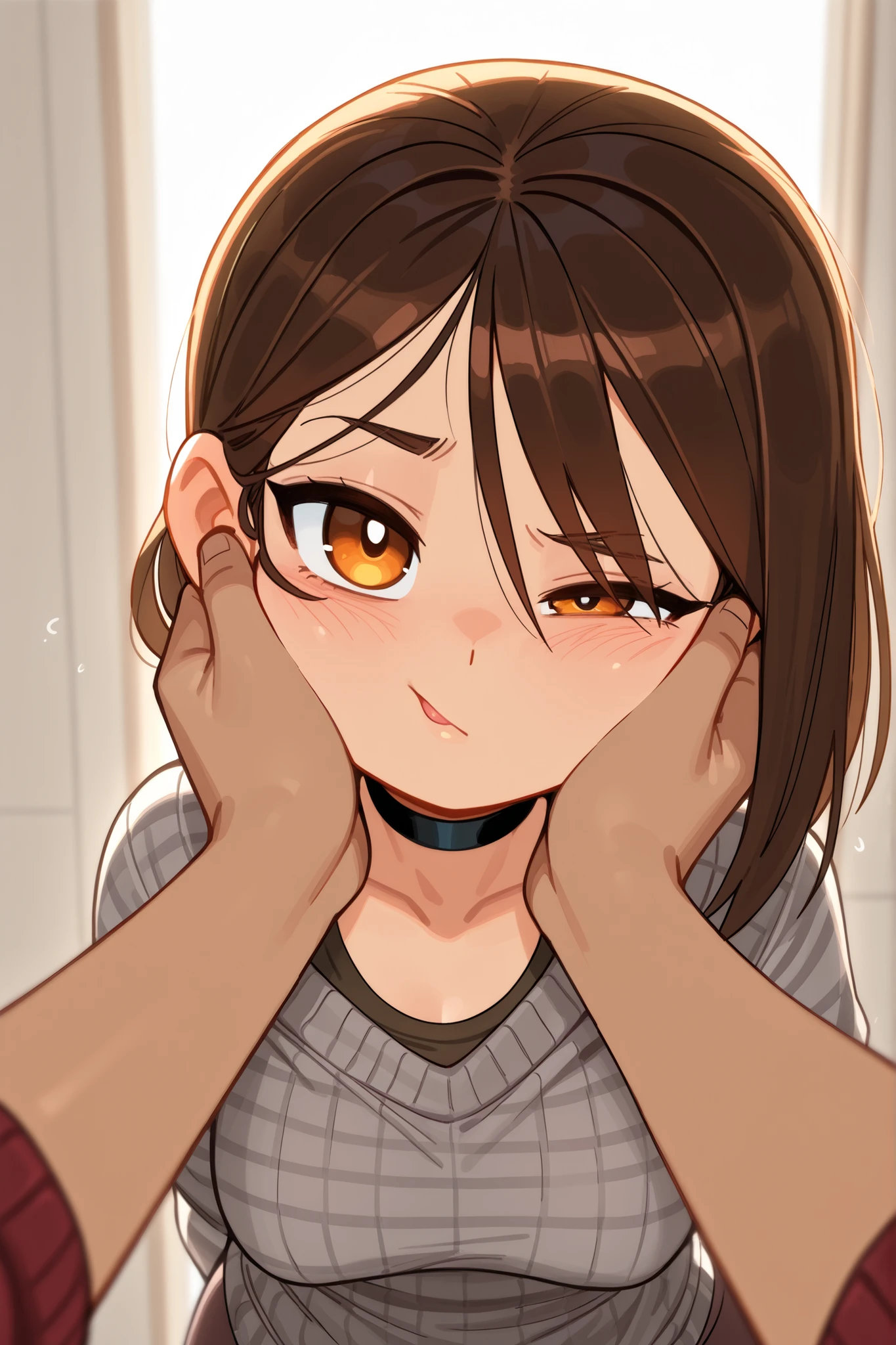 Azula , amber eyes . wavy dark brown hair strands above her shoulders. short hair. small saggy breasts. huge hips. choker. | (masterpiece , best quality , very aesthetic , absurdres , artist:wamudraws , shaded , white background , backlighting) (depth of field , blurred foreground:1 . 3) solo focus , shirt , blep , undershirt , , grey sweater , striped sweater , dark clothing , (one eye half-closed:1 . 3) , headshot portrait , face squish , pov cheek grabbing \(meme\) , swept bangs , confused