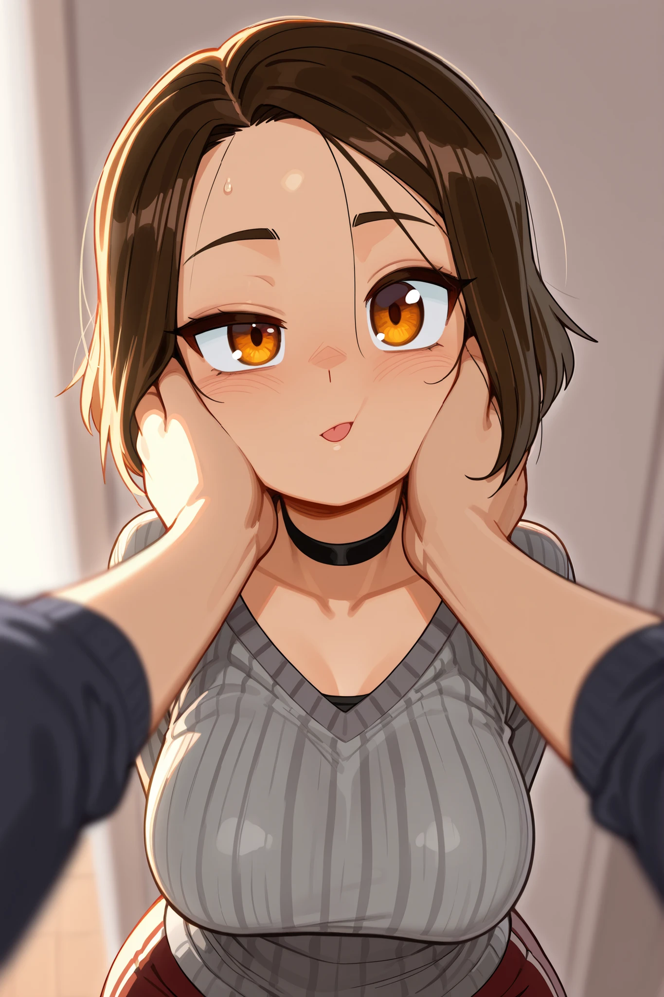 Azula , amber eyes . wavy dark brown hair strands above her shoulders. short hair. small saggy breasts. huge hips. choker. | (masterpiece , best quality , very aesthetic , absurdres , artist:wamudraws , shaded , white background , backlighting) (depth of field , blurred foreground:1 . 3) solo focus , shirt , blep , undershirt , , grey sweater , striped sweater , dark clothing , (one eye half-closed:1 . 3) , headshot portrait , face squish , pov cheek grabbing \(meme\) , swept bangs , confused