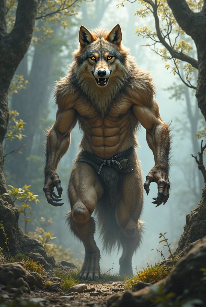 Lycanthrope with wolf head reddish brown fur all over his body muscular build sharp claws yellow eyes looking straight ahead towards the viewer in a foggy forest background 