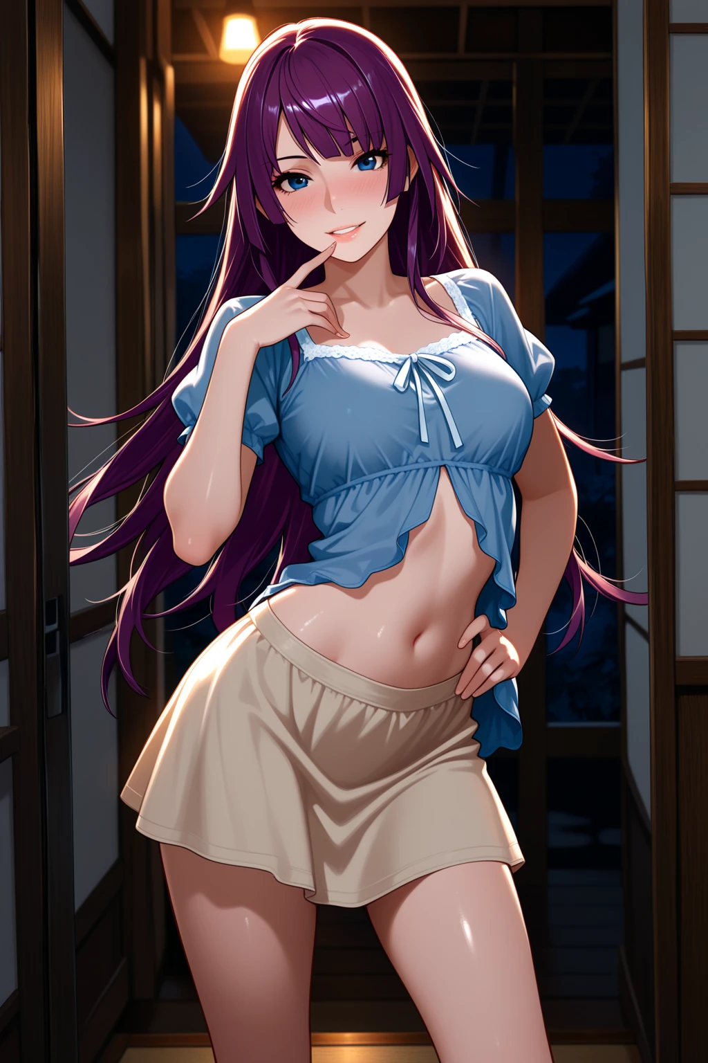 <lora:senjougaharaHitagi:0.8>, senjougaharaHitagi, masterpiece, best quality, absurdres, 1girl, standing, indoors, bedroom, dresser, light blue t-shirt, frilled shirt, frilled skirt, white skirt, long hair, ribbon, one arm up, arm over head, navel, dutch angle