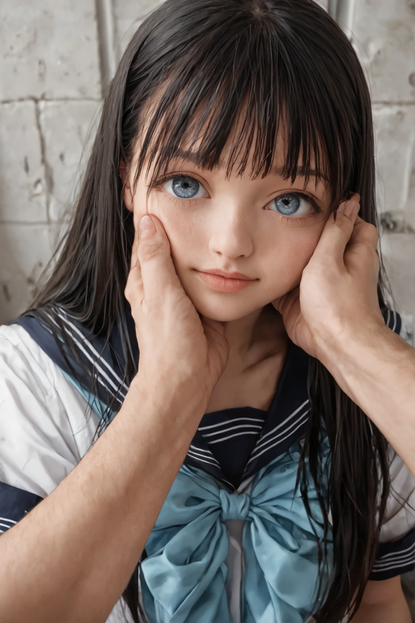Realistic, ultra real, 8k, uhd, highres, perfect face, 1girl, komichi akebi, long hair, bangs, blue eyes, black hair, shirt, bow, school uniform, white shirt, serafuku, sailor collar, neckerchief, blue bow, black sailor collar, blue neckerchief, looking at viewer, solo, face focus, detailed eyes, nsfw, face close up, eye contact, pov hand, face grab