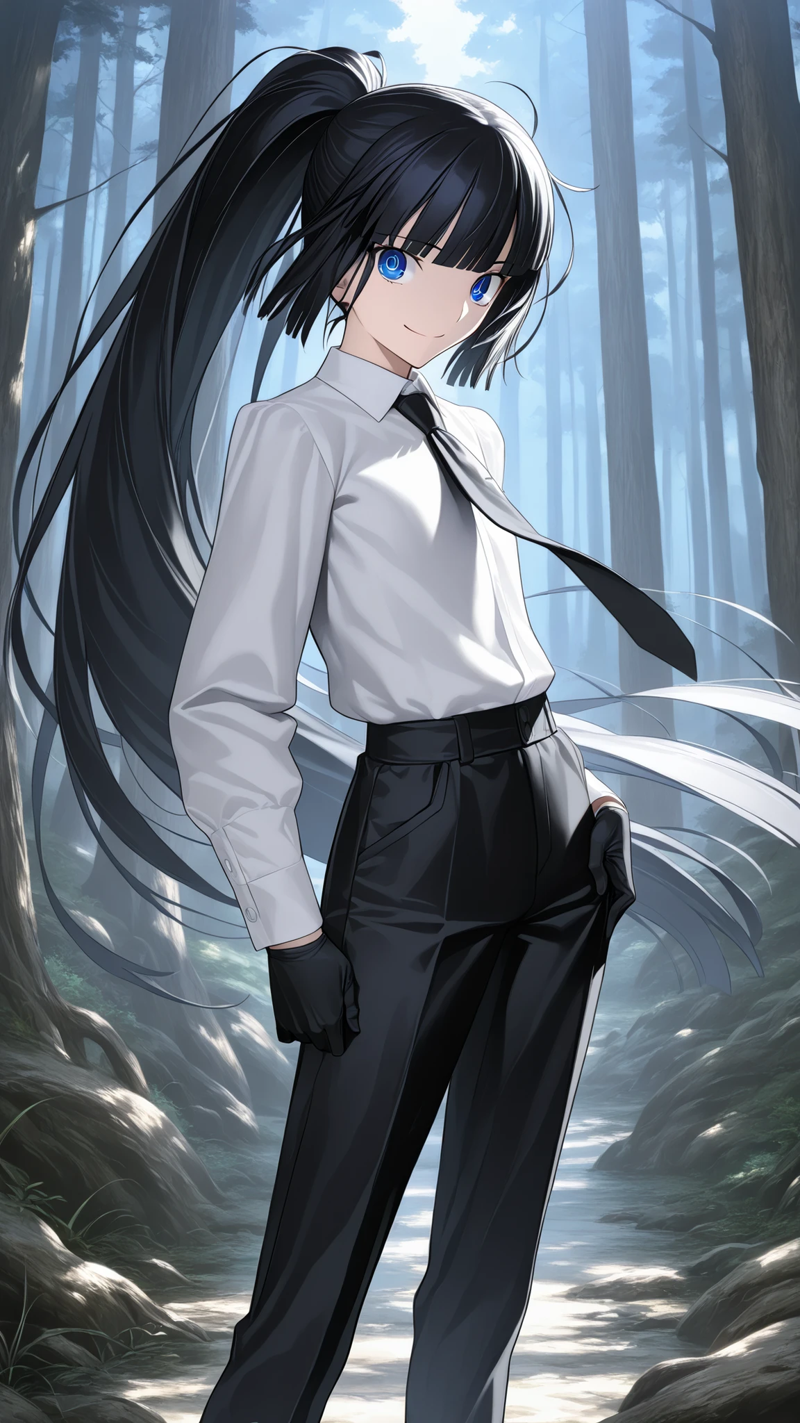 absurdres, (((Ultra HD))), (((Ultra High Quality))), ((hyper detailed)), ((Ultra High Resolution)), (Highly rendered), ((detailed eyes)), (((8K))), ((perfect face)), ((masterpiece)), cinematic, solo, 1girl, very tall, androgynous, handsome, long hair, ponytail, black hair, straight hair, blunt bangs, smile, blue eyes, flat chest, white blouse, tie, long sleeves, black gloves, black pants, standing, forest background