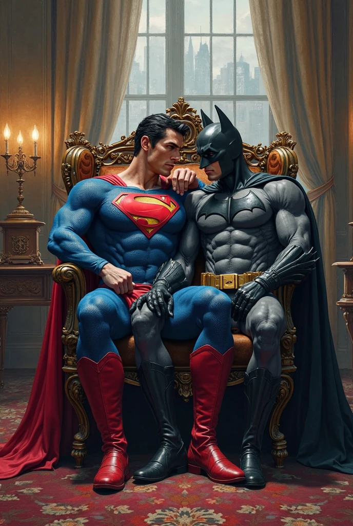 Batman sitting in Superman lap with boxers on