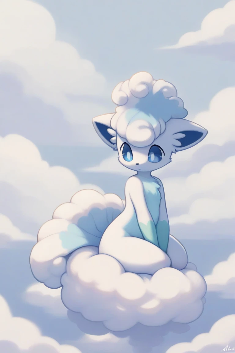 Vulpix, 1girl. cute, arctic, alolan vulpix, blue eyes, shiny, standing, star cloud background.