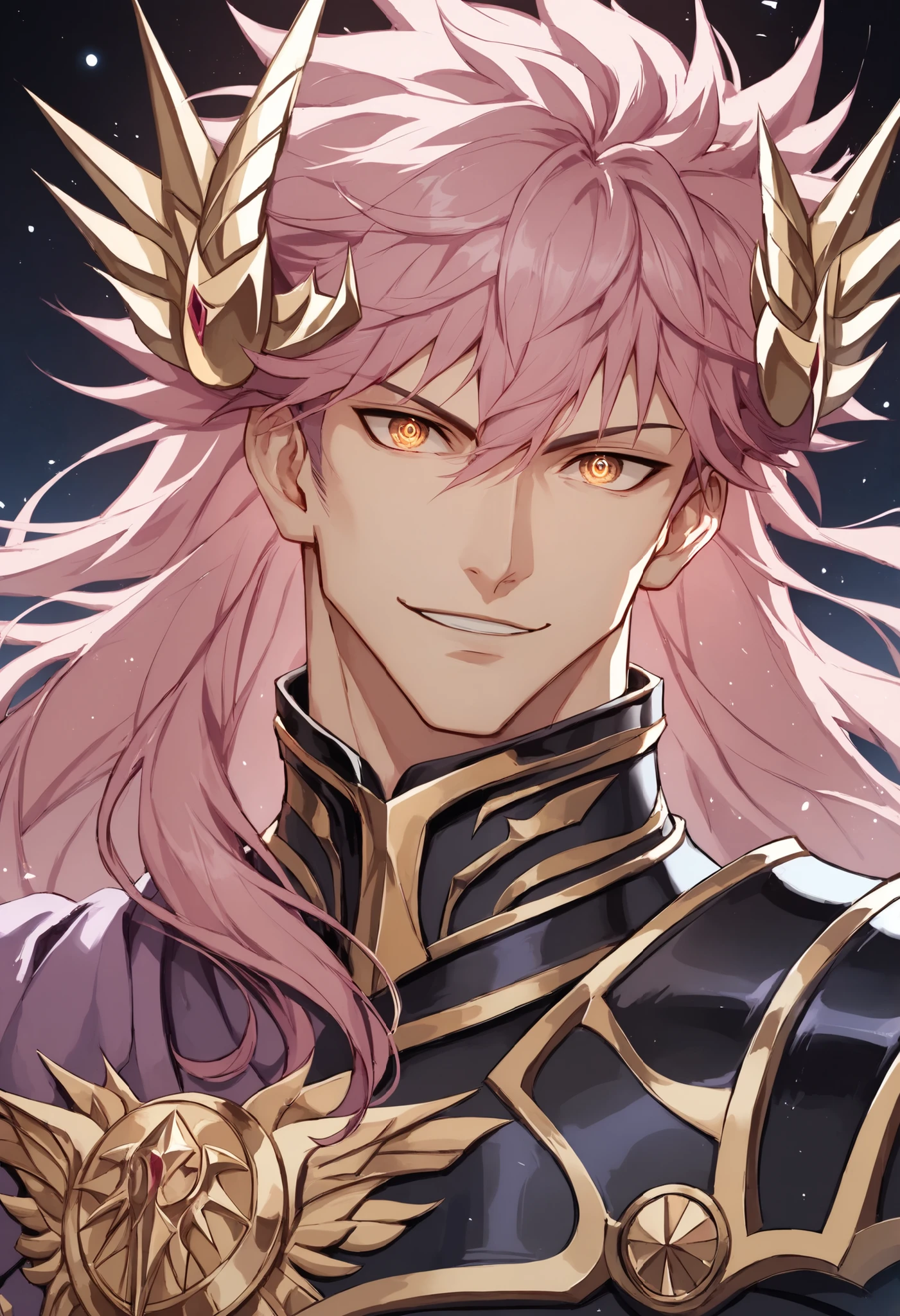 (high-quality, breathtaking),(expressive eyes, perfect face) portrait, Symmetrical Eyes, 1boy, male, solo, adult, pink hair, brown coloured eyes, looking at viewer, portrait, black background, narrow eyes, soft eerie blue lighting background, rock terrain background, Hades Armor, Hypnos Saint Seiya Armor, Thanatos Saint Seiya Armor, Dark Purple Armor, trim, full plate, masculine face, half body shot, confident smirk, solo, black armor, Specter, Dark Knights, plupre armor