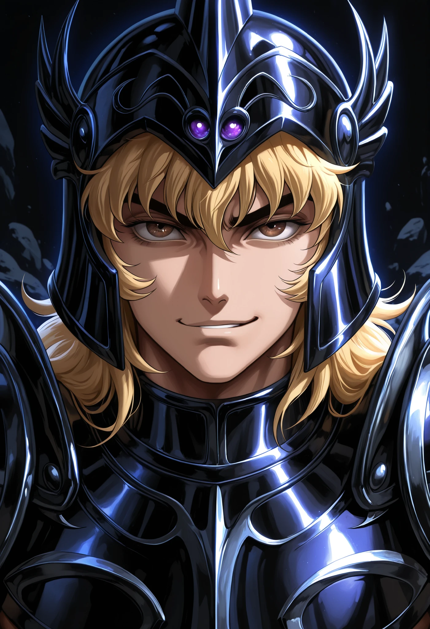 (high-quality, breathtaking),(expressive eyes, perfect face) portrait, Symmetrical Eyes, 1boy, male, solo, adult, blonde hair, brown coloured eyes, looking at viewer, portrait, black background, narrow eyes, soft eerie blue lighting background, rock terrain background, Hades Armor, Hypnos Saint Seiya Armor, Thanatos Saint Seiya Armor, Dark Purple Armor, trim, full plate, masculine face, half body shot, confident smirk, solo, black armor, Specter, Dark Knights, plupre armor