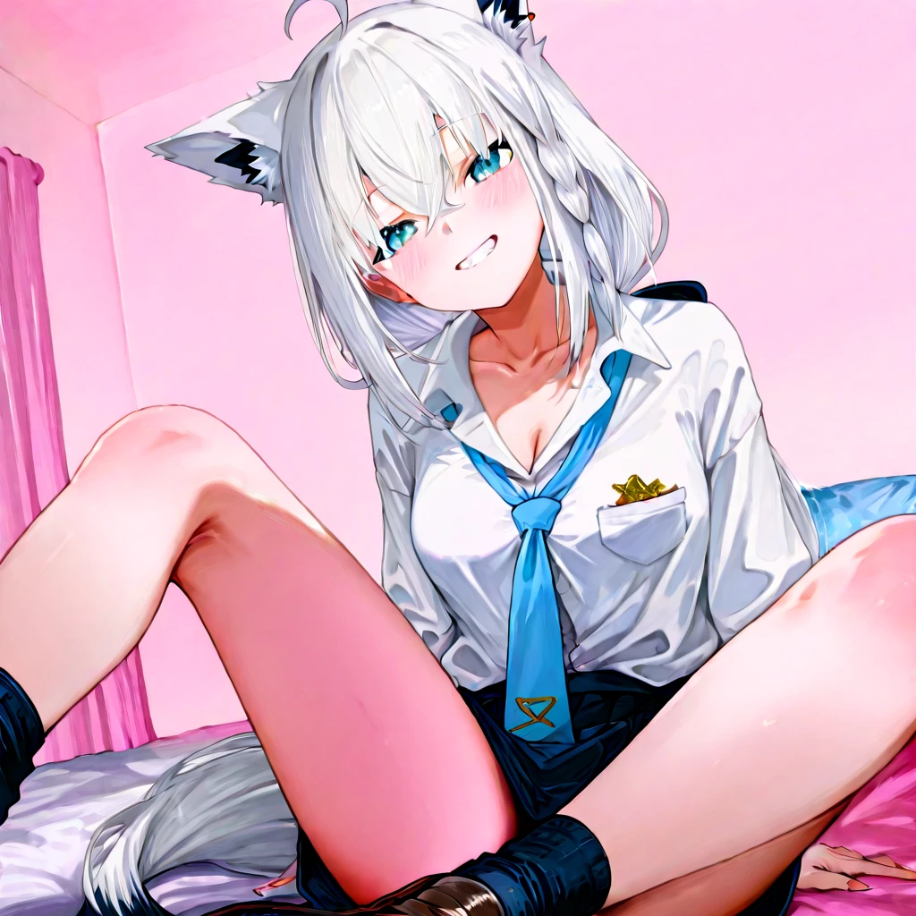 1 girl,High target,abdomen,Ultra-short sailor suit,Large Breasts,Room,Face is so red,Slim,The breasts are so big that they can hold the cup,Incredibly sexy,one person,Cat ear,full-body shot,mini skirt,Black socks,Reveals pink underwear,White hair,Legs wide open,AIRPORT,Stockings,Pull open the top,Love in the eyes