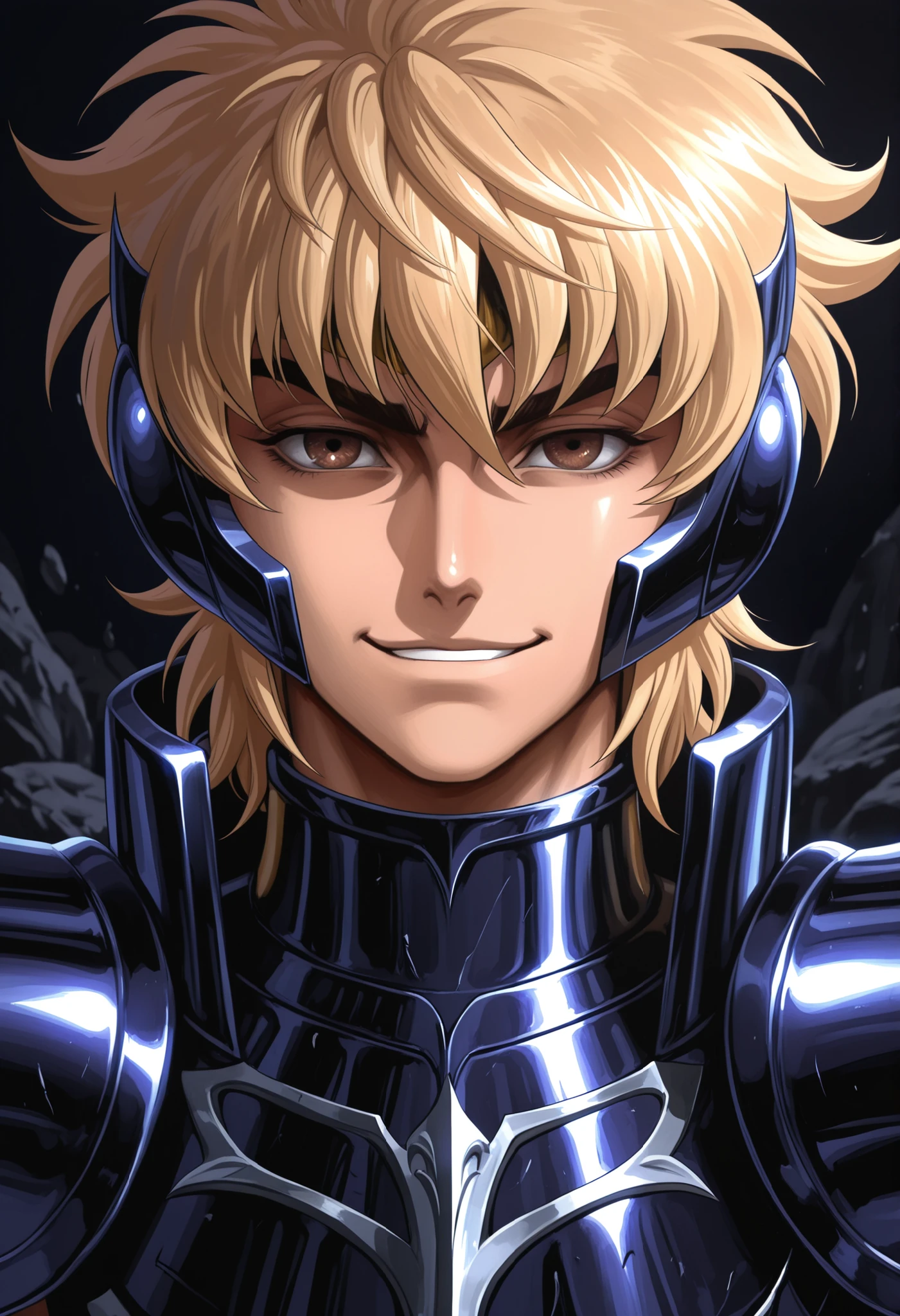 (high-quality, breathtaking),(expressive eyes, perfect face) portrait, Symmetrical Eyes, 1boy, male, solo, adult, blonde hair, brown coloured eyes, looking at viewer, portrait, black background, narrow eyes, soft eerie blue lighting background, rock terrain background, Hades Armor, Hypnos Saint Seiya Armor, Thanatos Saint Seiya Armor, Dark Purple Armor, trim, full plate, masculine face, half body shot, confident smirk, solo, black armor, Specter, Dark Knights, plupre armor