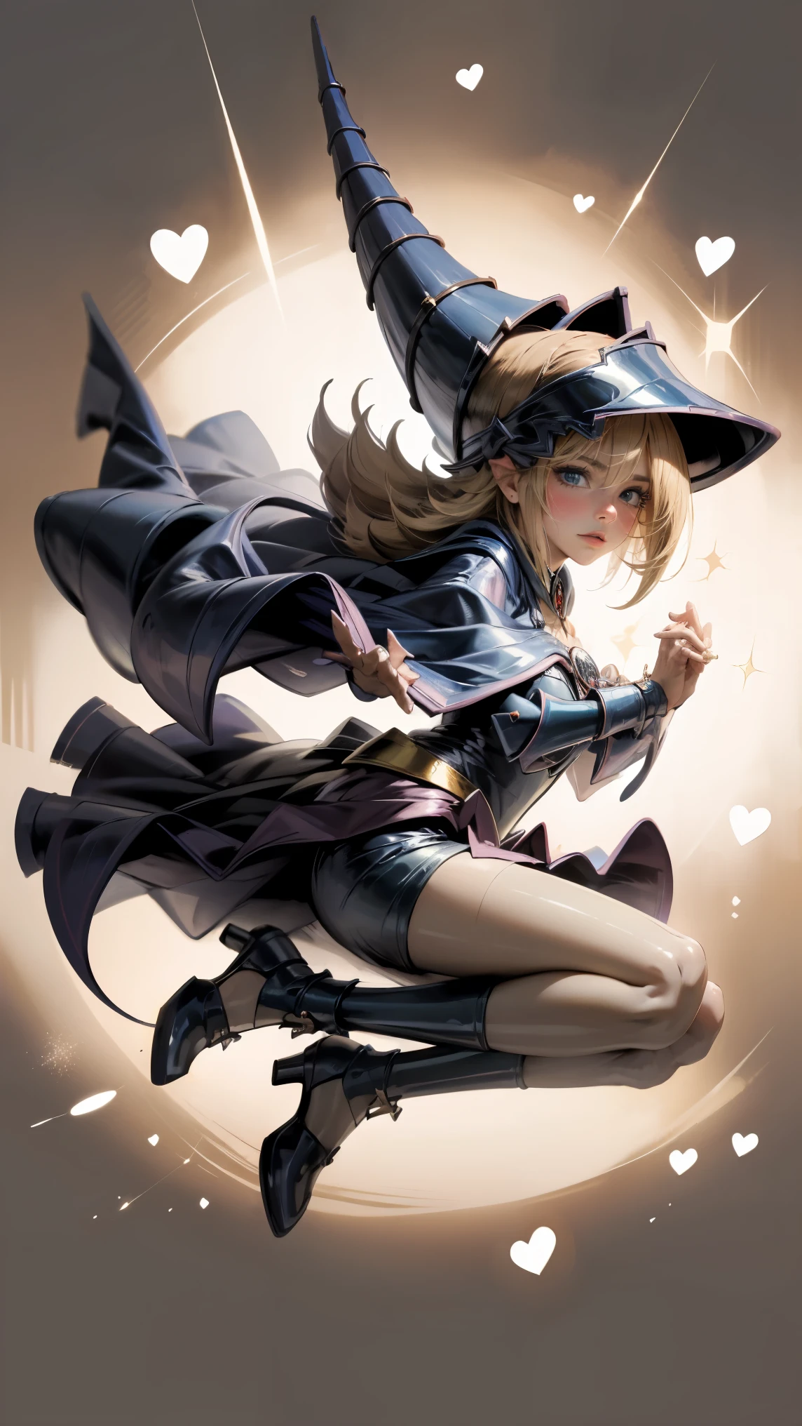(masterpiece:1.2), (The best quality:1.2), perfect lighting, Dark Magician Girl casting a spell, in battle. floating in the air, visible medium , transparent neckline, blue robe, big hat, from above, Sparkles, Yugioh game, The magic of the heart. LIGHTS OF THE HEART, romantic heart. She wears heels. has heels. Wear heels