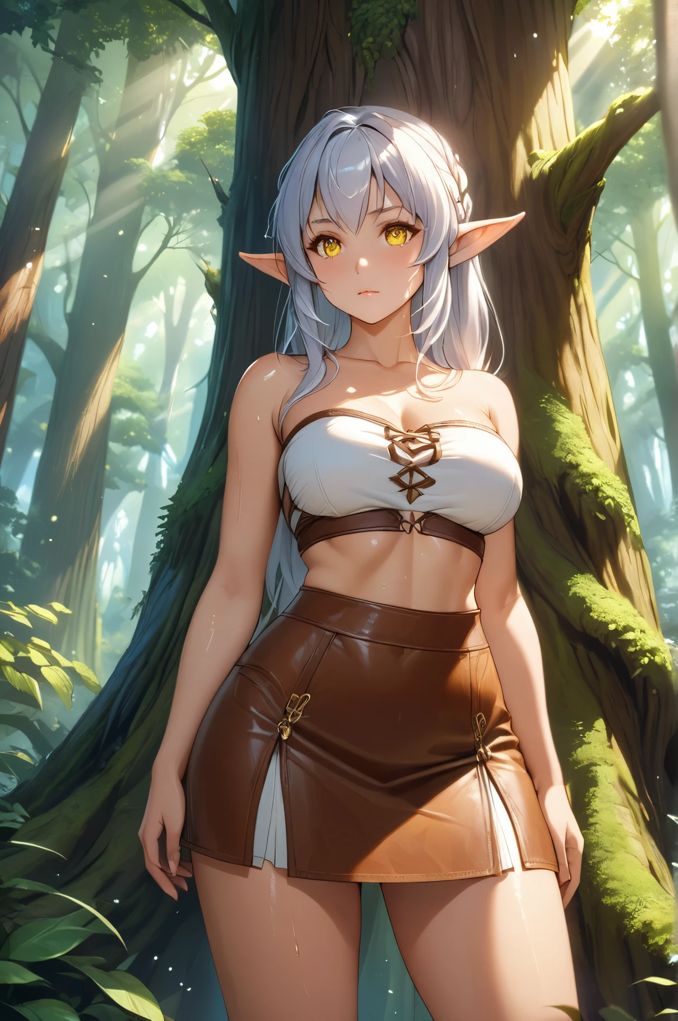 1girl, pointy ears, earrings, green hair, single braid, medium breasts, pink eyes, detailed eyes, light smile, parted lips,sundress, breasts,fur trim,
standing,
outdoors, <lora:0150 white fur coat_v1:0.85>