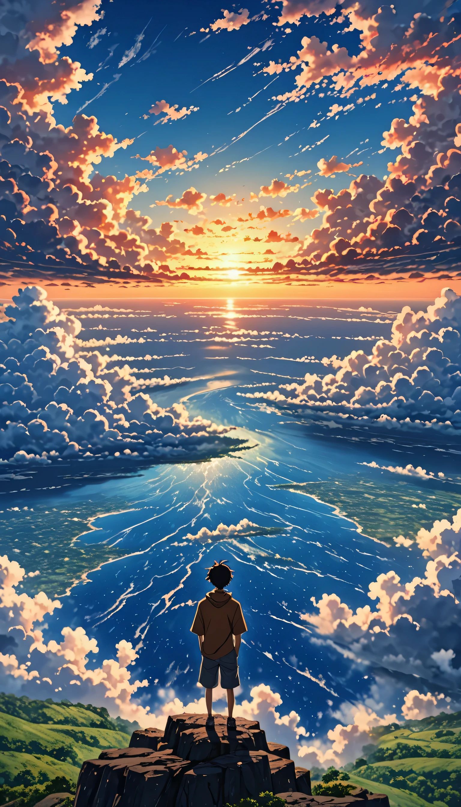 There is a sea of realistic clouds !!!!!。,cloudy, Anime-style textured clouds , a painting of a boy on the edge of an abyss !!! watching a vast sky , anime landscape, inspired by the beautiful scene of peace in the anime Los Hermanos , realistic anime realistic anime !!!!!!!!! Nostalgic animated art background , makoto shinkai!!, anime movie background the best of seaart hd 8k