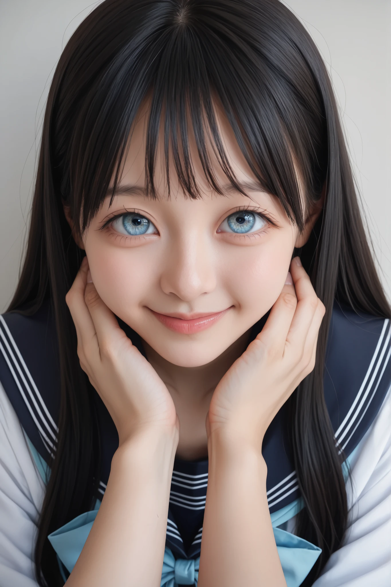 Realistic, ultra real, 8k, uhd, highres, perfect face, 1girl, komichi akebi, long hair, bangs, blue eyes, black hair, shirt, bow, school uniform, white shirt, serafuku, sailor collar, neckerchief, blue bow, black sailor collar, blue neckerchief, looking at viewer, solo, face focus, detailed eyes, nsfw, face close up, eye contact, male pov, male Arms, pov hand, face grab, shy smile