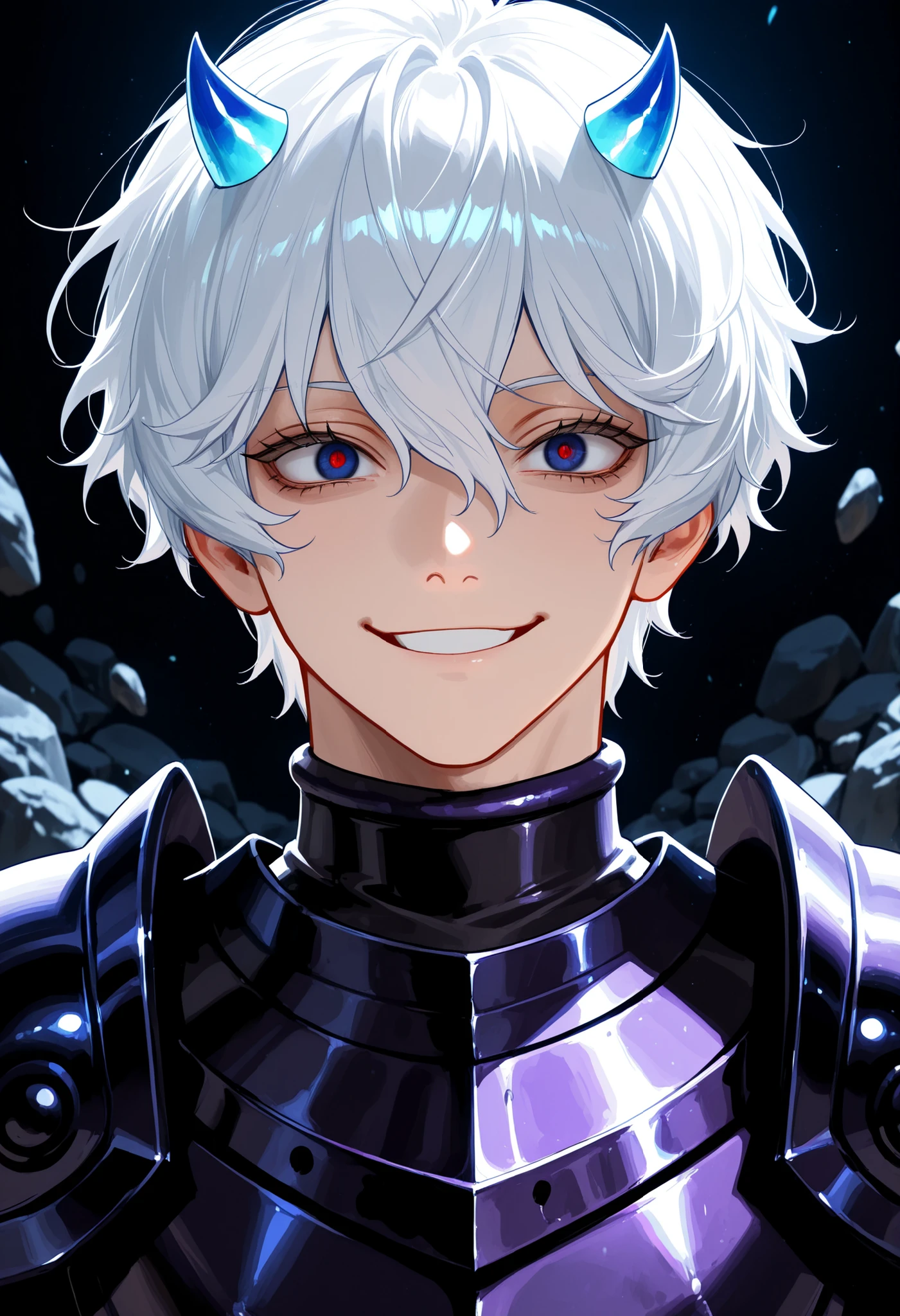 (high-quality, breathtaking),(expressive eyes, perfect face) Symmetrical Eyes, 1boy, male, solo, adult, white hair, short hair, blue coloured eyes, small horns, looking at viewer, black background, narrow eyes, soft eerie blue lighting background, rock terrain background, Dark Purple Armor, trim, full plate, masculine face, half body shot, solo, black armor, Specter, Dark Knights, plupre armor, cute smile, positive expression, charming