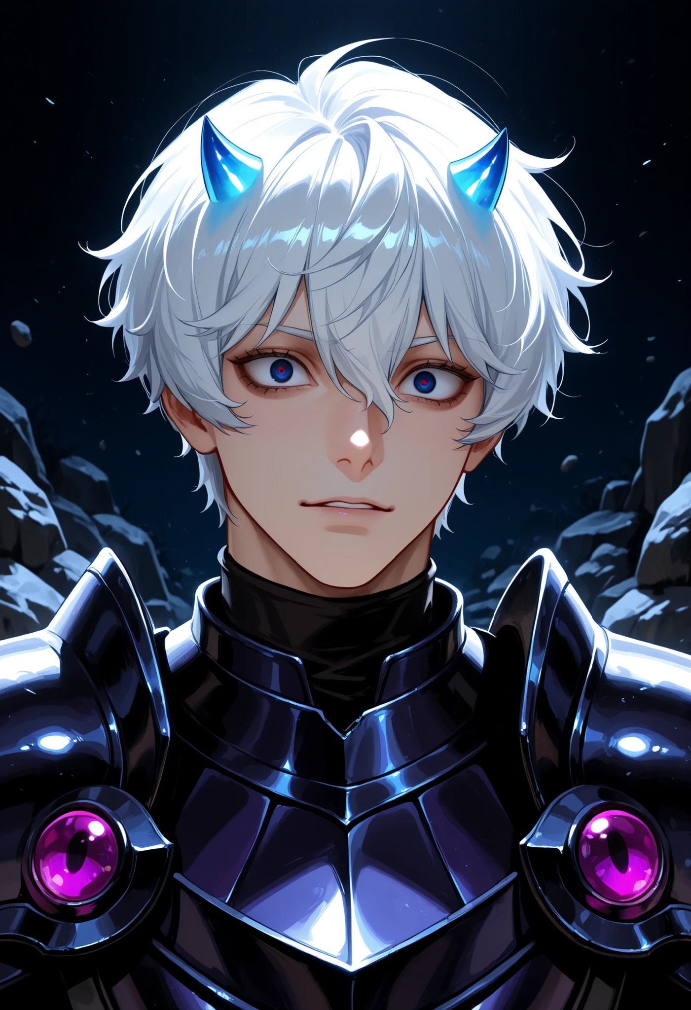 (high-quality, breathtaking),(expressive eyes, perfect face) Symmetrical Eyes, 1boy, male, solo, adult, white hair, short hair, blue coloured eyes, small horns, looking at viewer, black background, narrow eyes, soft eerie blue lighting background, rock terrain background, Dark Purple Armor, trim, full plate, masculine face, half body shot, solo, black armor, Specter, Dark Knights, plupre armor