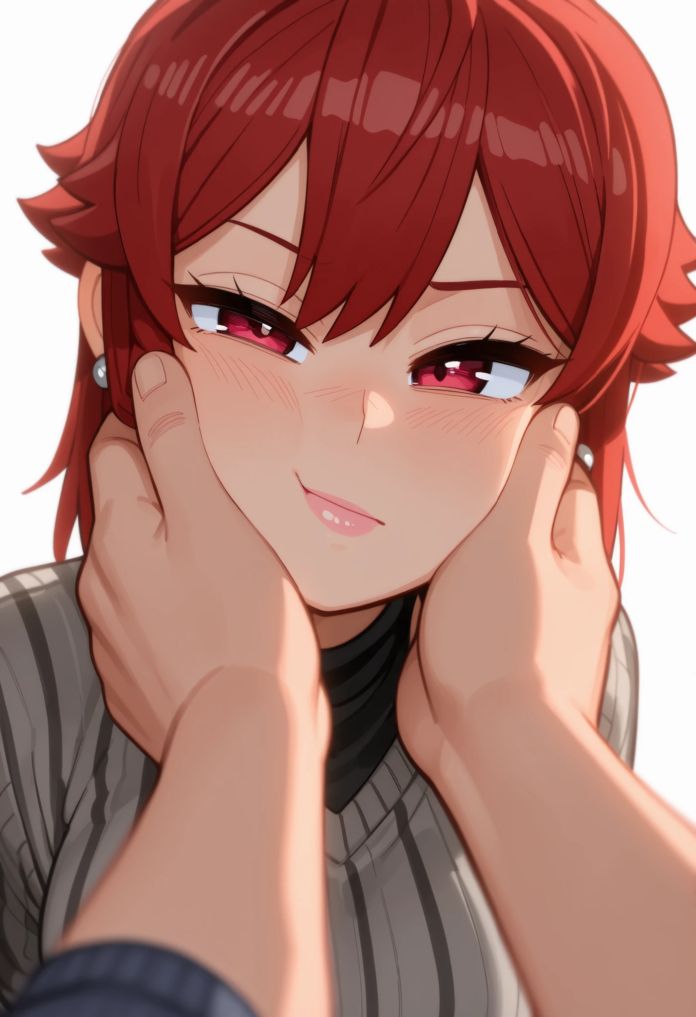 Tomo Aizawa , medium hair, red hair, medium breasts, earrings, pink lips , fire red eyes, muscle body, | (masterpiece , best quality , very aesthetic , absurdres , artist:wamudraws , shaded , white background , backlighting) (depth of field , blurred foreground:1 . 3) solo focus , shirt , blep , undershirt , , grey sweater , striped sweater , dark clothing , (one eye half-closed:1 . 3) , headshot portrait , face squish , pov cheek grabbing \(meme\) , swept bangs , confused