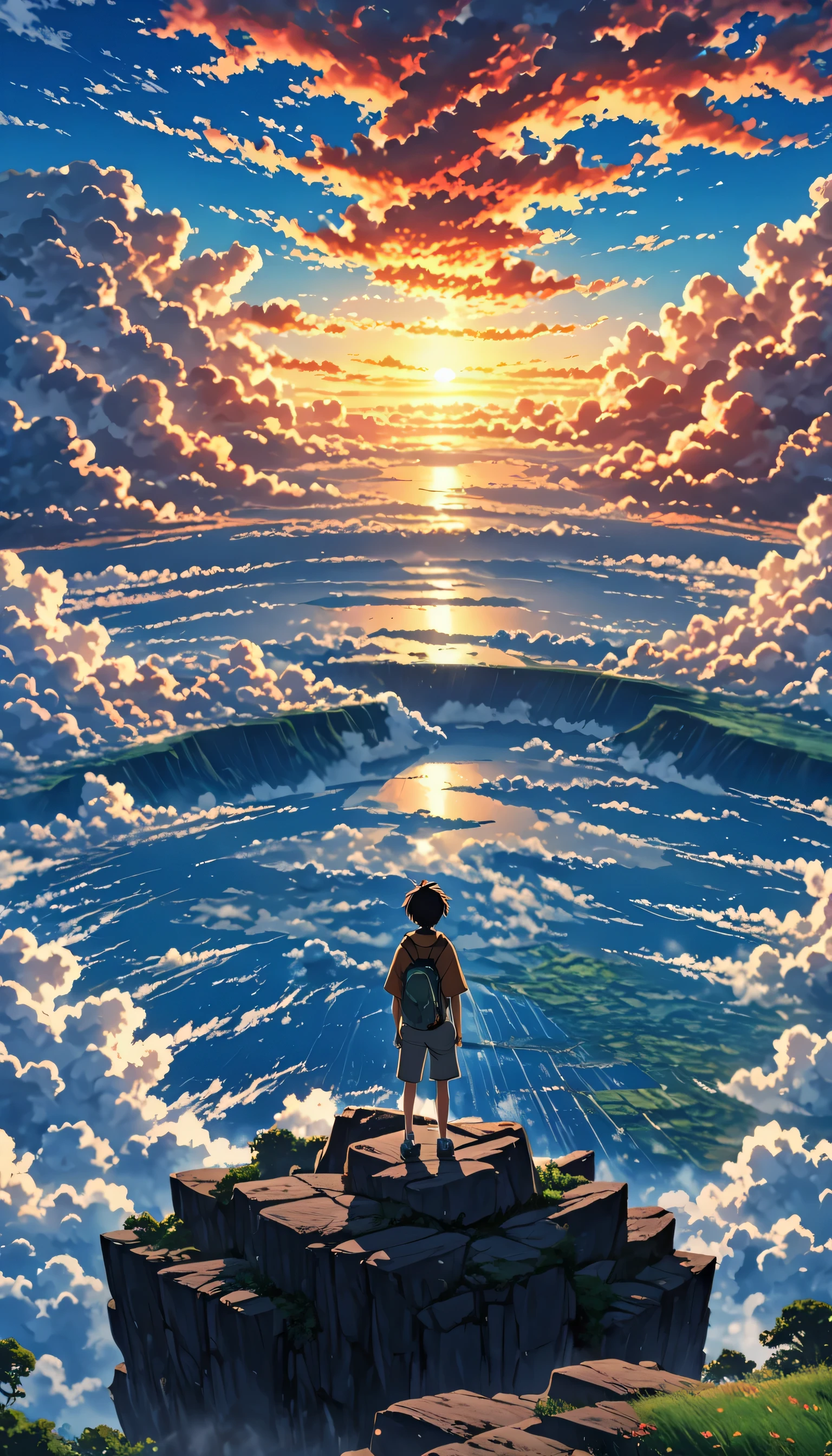 There is a sea of realistic clouds !!!!!。,cloudy, Anime-style textured clouds , a painting of a boy on the edge of an abyss !!! watching a vast sky , anime landscape, inspired by the beautiful scene of peace in the anime Los Hermanos , realistic anime realistic anime !!!!!!!!! Nostalgic animated art background , makoto shinkai!!, anime movie background the best of seaart hd 8k