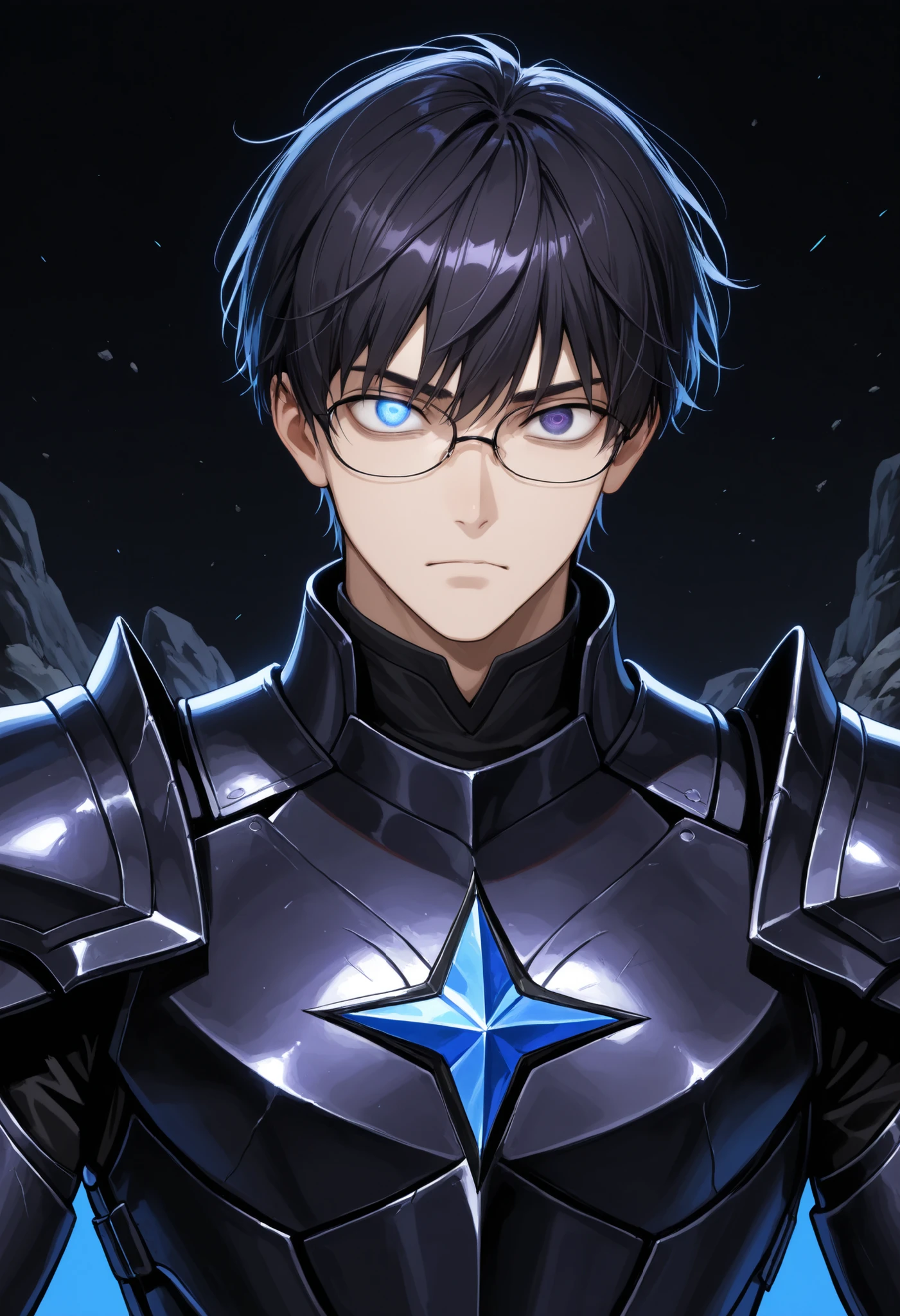 (high-quality, breathtaking),(expressive eyes, perfect face) Symmetrical Eyes, 1boy, male, solo, adult, black hair, short hair, blue coloured eyes, glasses, looking at viewer, black background, narrow eyes, soft eerie blue lighting background, rock terrain background, Dark Purple Armor, trim, full plate, half body shot, solo, black armor, Specter, Dark Knights, plupre armor, neutral expression