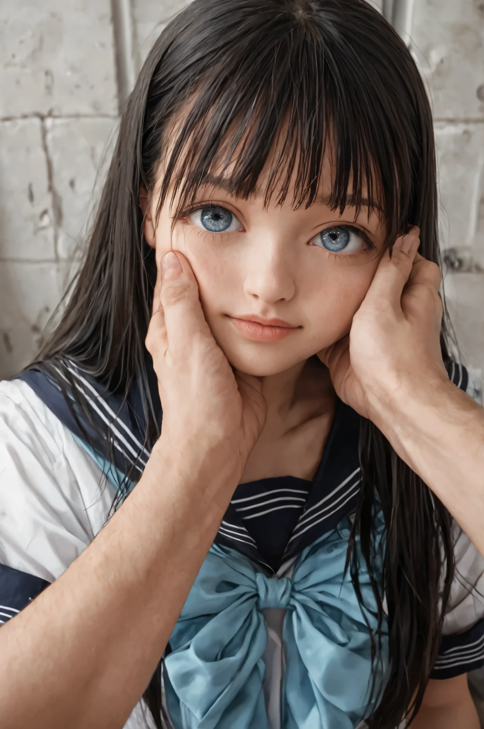 Realistic, ultra real, 8k, uhd, highres, perfect face, 1girl, komichi akebi, long hair, bangs, blue eyes, black hair, shirt, bow, school uniform, white shirt, serafuku, sailor collar, neckerchief, blue bow, black sailor collar, blue neckerchief, looking at viewer, solo, face focus, detailed eyes, nsfw, face close up, eye contact, pov hand, face grab