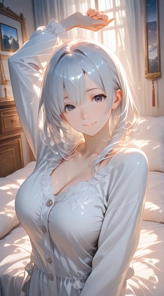 High resolution, highest quality, super high quality,3D Images、View the viewers、3D Images、Gray Hair、Long Hair、High Ponytail,Very detailedな CG Unity 8k 壁紙, [3D Images:1.15],Attractive eyes、[[Fine grain、blue eyes、Shining Eyes:1.15]], , Very detailed,Thin fingers、Cinema Lighting、super high quality,3D Images ,White Hair、Cute no matter who looks at it,clavicle,nude,Exposed  Pussy,Red lipstick,Glossy Lips,Pink long nails,Charm choker,Earrings,とてもLong Hair 一人で,Bed with night view,Cinema Lighting、White Breath,Laughing embarrassedly,Shiny skin,blush、Leaning forward, Cleavage, ((Very :1.5)),(Big Ass),blue eyes,Big eyes,clavicle, Mature Body,Attractive body,(Trained abdominal muscles:1.1),blushする,Sweat all over,(A lot of semen),Blur the background,Masturbate,((Looking Back)),Tilt your head