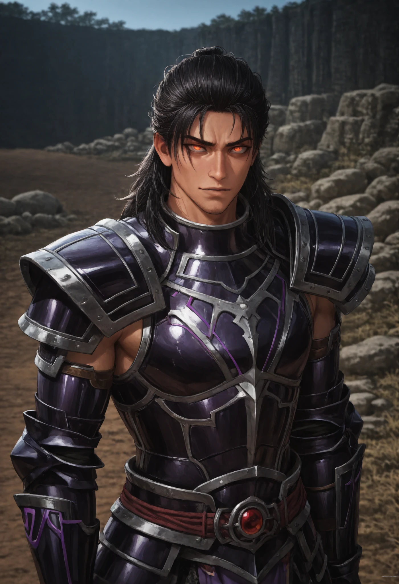 (high-quality, breathtaking),(expressive eyes, perfect face) Symmetrical Eyes, 1boy, male, solo, adult, black hair, brown coloured eyes, looking at viewer, black background, narrow eyes, soft eerie blue lighting background, rock terrain background, Dark Purple Armor, trim, full plate armor, half body shot, solo, black armor, Specter, Dark Knights, plupre armor,