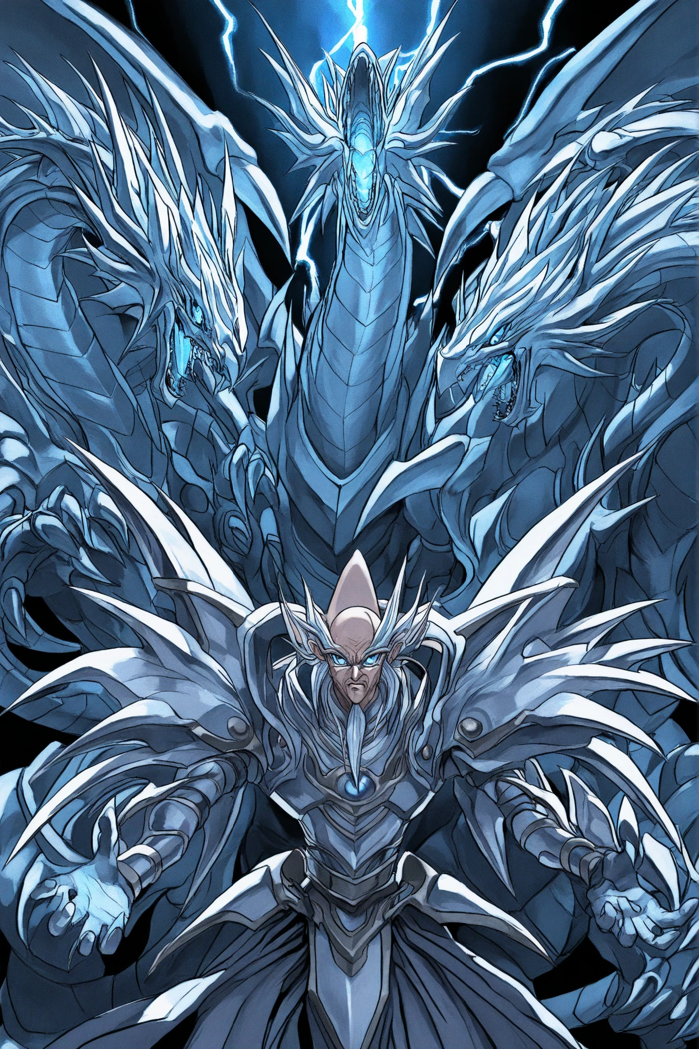 Highest Quality, masterpiece、Yu-Gi-Oh artwork, Yu-Gi-Oh! style, 1 Dragon(  Hydra, Yu-Gi-Oh! Blue-Eyed Ultimate Dragon, Giant Dragon with 3 Heads, Three-pronged dragon、is pale, Glowing Scales,ice blue eyes, Strong Pale Light, The roaring sky, silver-white armor-like scales, Old Man Riding a Dragon, insufficient々Modest Roar, god々 Terrible Threat  , 渦巻く竜の精god, Blue Lightning,Majestic Atmosphere, Dark Night Background ,  Shining Aura, Giant Claws, Beautiful Sacred Eyes),old man(White Eyebrows、long white beard、Bald head、card with 3 dragons、blue kimono) 、Powerful composition