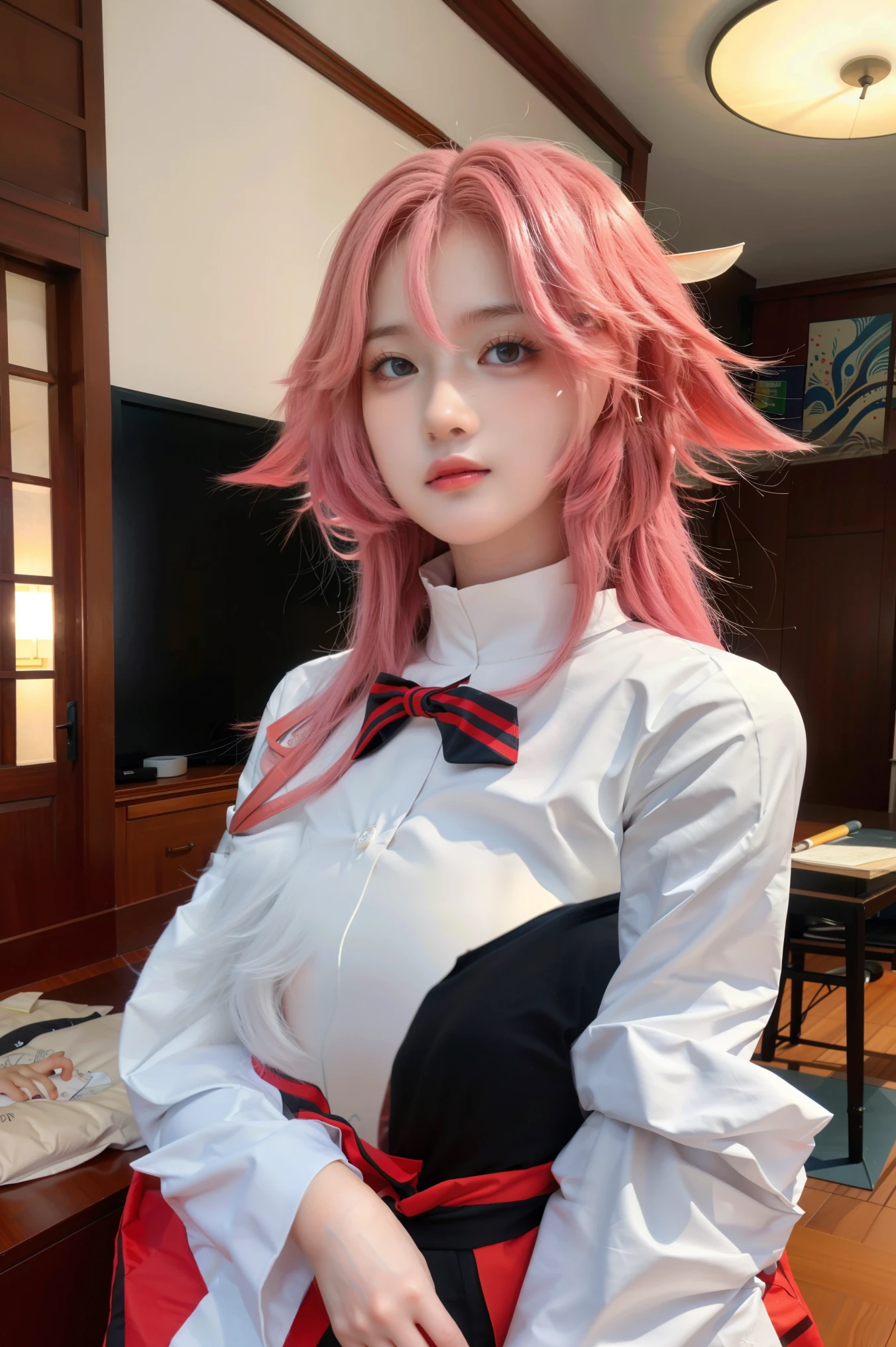 melhor qualidade, obra-prima,ultra high resolution,Rosto limpo,(realidade:1.4),perfect lighting,(upper body photo), (fotorrealista:1.50), anime wallpaper, Guviz style artwork, Fantasy cover to the magic , por Yang J, Guviz, Beautiful Art Illustration, Beautiful digital artwork , beautiful digital illustration , Song of Li , cute anime portrait, art style in Beauvot , uma garota, solo, cabelo longo, (cabelo rosa:1.3), enfeite de cabelo, joias, brinco, (camisa branca), (Long sleeve shirt), (camisa de colarinho), ( pencil ), (saia preta), (saia curta), medium breasts, transando com seios, standing, Background inside the house , quarto, (looking at the spectator),