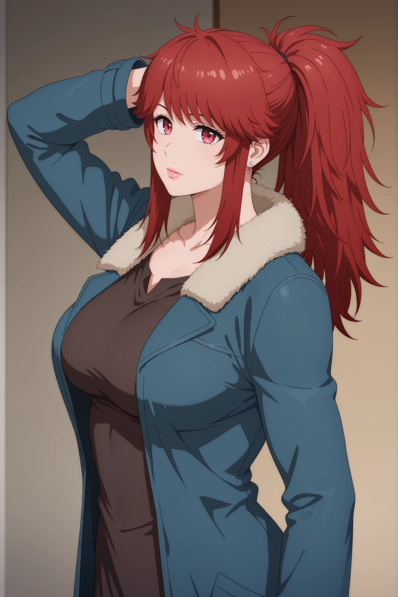  Akemi Aizawa, long hair, ponytail, fringe, red hair, , earrings, pink lips , fire red eyes, muscle body, | score_9, score_8_up, score_7_up, score_6_up, score_5_up, best quality, high detail, fur trim, coat, blue coat, robe, looking at viewer,
