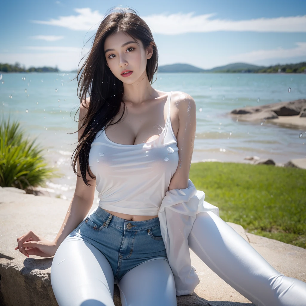 big breasts, round breasts, wearing bra inside ao dai, slim figure, beautiful figure, big breasts, ponytail, sharp 8k quality photo, ((beautiful, sharp, balanced face details) for )), ((beautiful breasts, exposed cleavage, plump body), ((beautiful sparkling eyes, sharp eye details, beautiful face)), at the beach there are many bikinis, white sand beach, sea water blue, many people at the beach((super beautiful body with high details, toned body with big bust and slim waist)), ((thin cleavage, round breasts)), (((wearing black bra, wearing long pants wide)))
