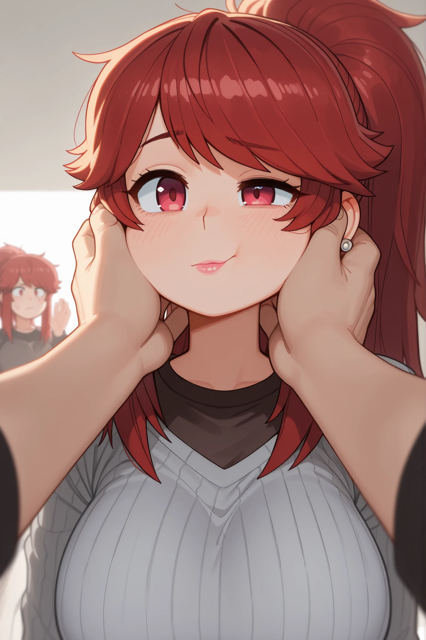  Akemi Aizawa, long hair, ponytail, fringe, red hair, , earrings, pink lips , fire red eyes, muscle body, | (masterpiece , best quality , very aesthetic , absurdres , artist:wamudraws , shaded , white background , backlighting) (depth of field , blurred foreground:1 . 3) solo focus , shirt , blep , undershirt , , grey sweater , striped sweater , dark clothing , (one eye half-closed:1 . 3) , headshot portrait , face squish , pov cheek grabbing \(meme\) , swept bangs , confused
