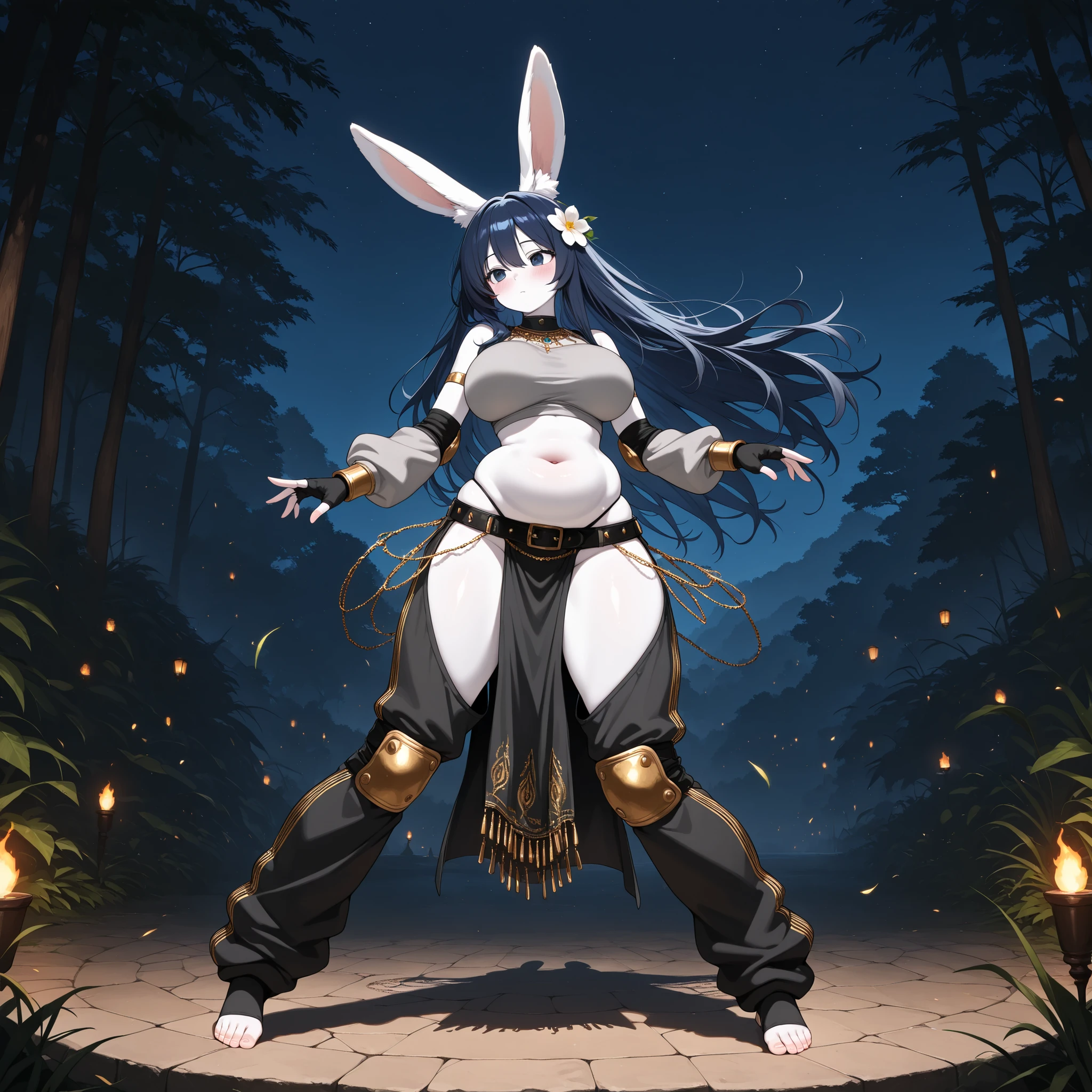 (1girl, solo, rabbit ears, white ears, fluffy ears, dark blue hair, long hair, hair flower, dark blue eyes, pale skin, white skin, beautiful round breasts, big breasts, navel, saggy belly, wide hips, belly dancer, brawler outfit, stylish gray sweatshirt, long loose sleeves, elbow pads, lowleg belt, pelvic curtain, thong, chaps, toeless socks, knee pads, very baggy oversized leg warmers, high leg warmers, barefeet, fingerless gloves, fighter gloves, spikes, chains, standing, dancing, legs spread, blush, pleasure, stylish, graceful, sexy, cute, full body, beautiful environment, night, gothicstyle, gothic aesthetic, masterpiece, best quality, amazing quality, absudres, very aesthetic)