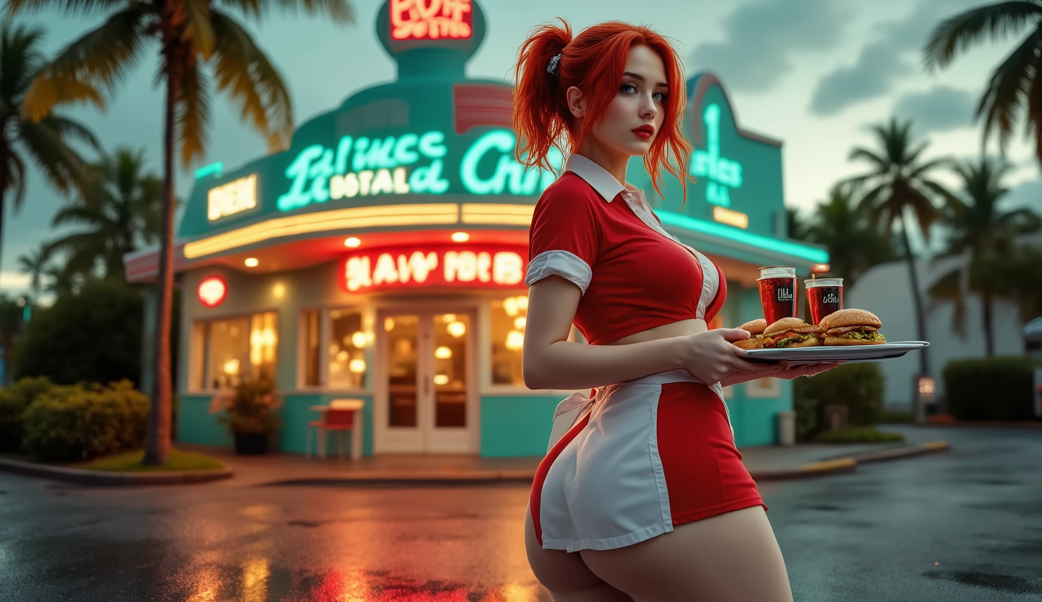 score_9, score_8_up, score_7_up, score_6_up, score_5_up, score_4_up, sozinha, uma garota, Jasmine, a garota vermelha, cabelo curto, Messy hair, cabelo vermelho, cintura fina, corpo inteiro, (coxas largas: 1,8)(bunda grande: 1,8)(corpo feminino sexy)((hot female body: 1,8)) carrying a tray with soda and hamburgers with, model with red hair:1.8, (((uniform red with white waitress ))) com minissaia: 1,8 vermelha:1.8, white button-down shirt under the red uniform with white , avental branco :1.8, meias brancas 3/4 com cinta-liga, the model is in front... of a retro-futuristic Googie architecture from the 1960s, bright turquoise and red color scheme, bright vintage lights, dramatic golden hour lighting, wet reflective asphalt street, strong reflections in a puddle, cinematographic composition, ultra detalhado, ultra HD, retro-futuristic climate, palmeiras ao fundo, soft clouds at the top