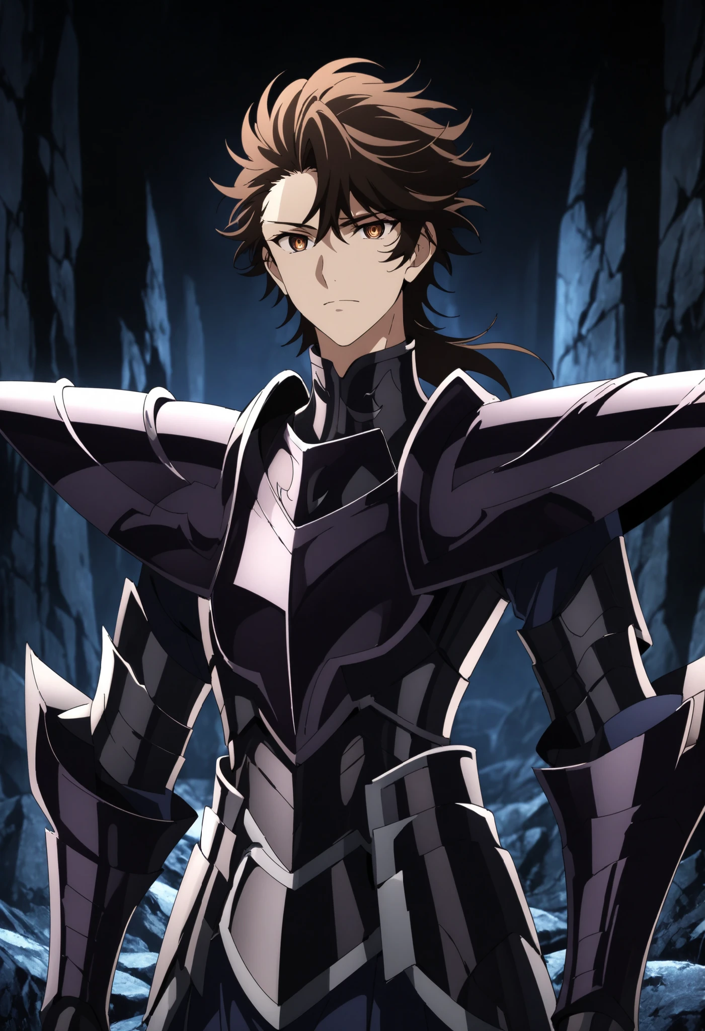(high-quality, breathtaking),(expressive eyes, perfect face) Symmetrical Eyes, 1boy, male, solo, adult, looking at viewer, black background, narrow eyes, soft eerie blue lighting background, rock terrain background, Dark Purple Armor, trim, full plate armor, half body shot, solo, black armor, Specter, Dark Knights, plupre armor, brown hair, brown eyes