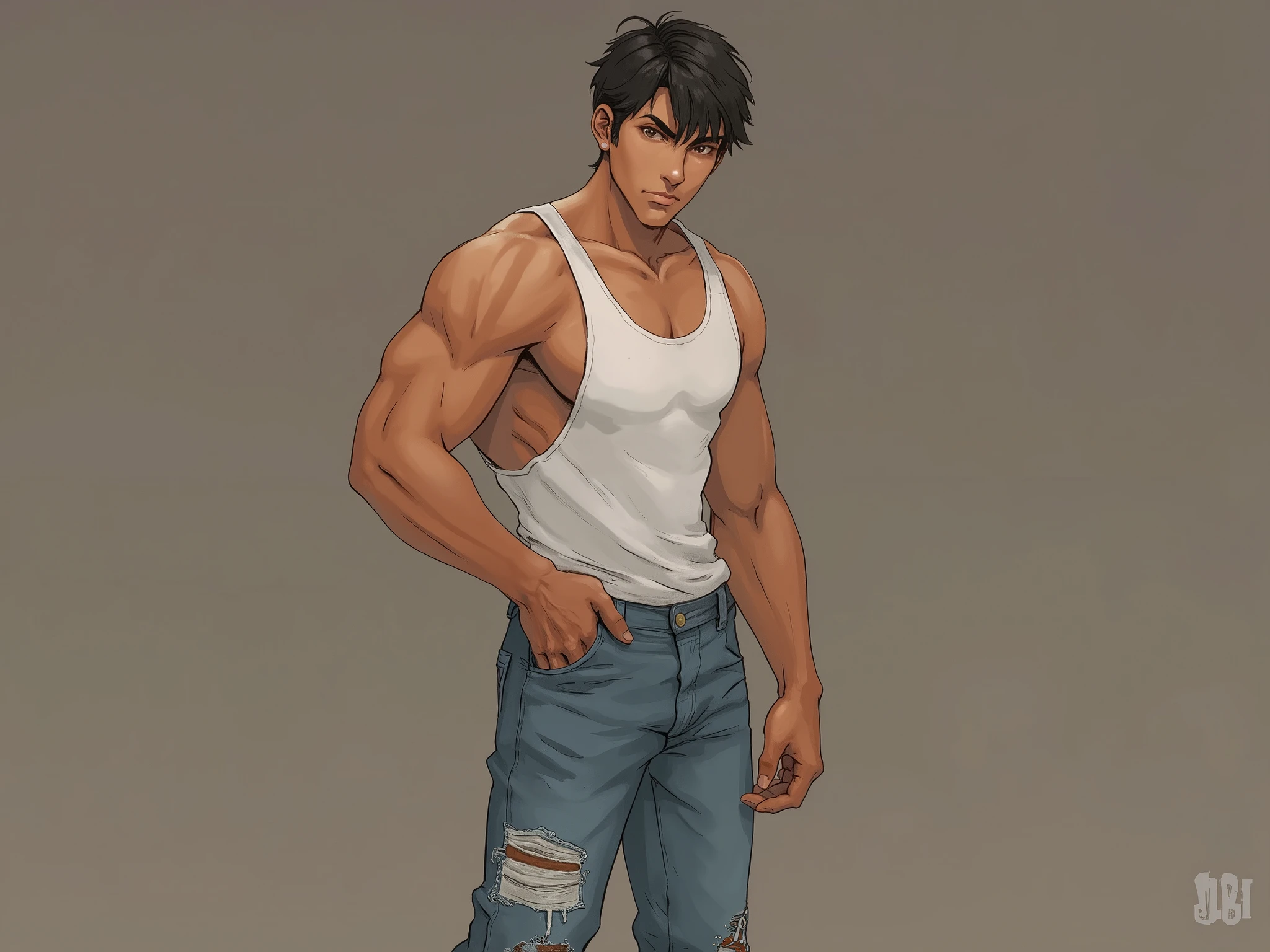 Homem bonito, pele bronzeada, Short straight black hair , strong body without exaggeration, wearing a white tank shirt that highlights your body, pants jeans and casual white sneakers. Jovem, 25 anos.