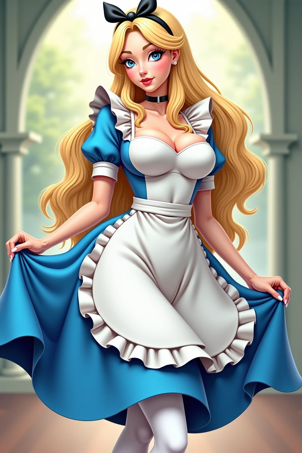alicekiller, blonde, hairband, big breasts, blue strapped dress, white blouse, short puffy sleeves, sitting on a couch, white stockings, red lips, BREAK <lora:AliceKillerIsDeadBF16_1:0.75>