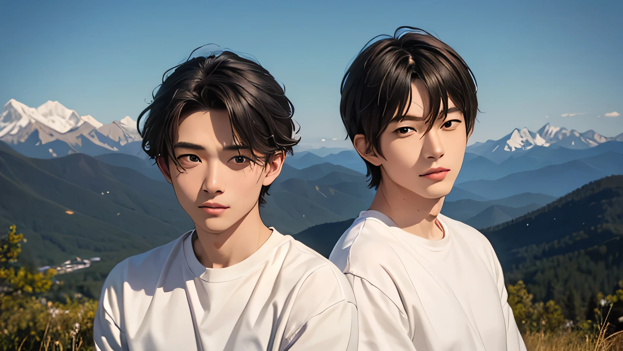 Two adult men Two handsome Japanese guys short hair dark haired whitetshirt the two have knee-length shorts and no strings The background of two people standing side by side is a beautiful mountain range no building two people side by side sit on the ground front The upper body and face are big looking at the camera 笑顔 front The upper body and face are big