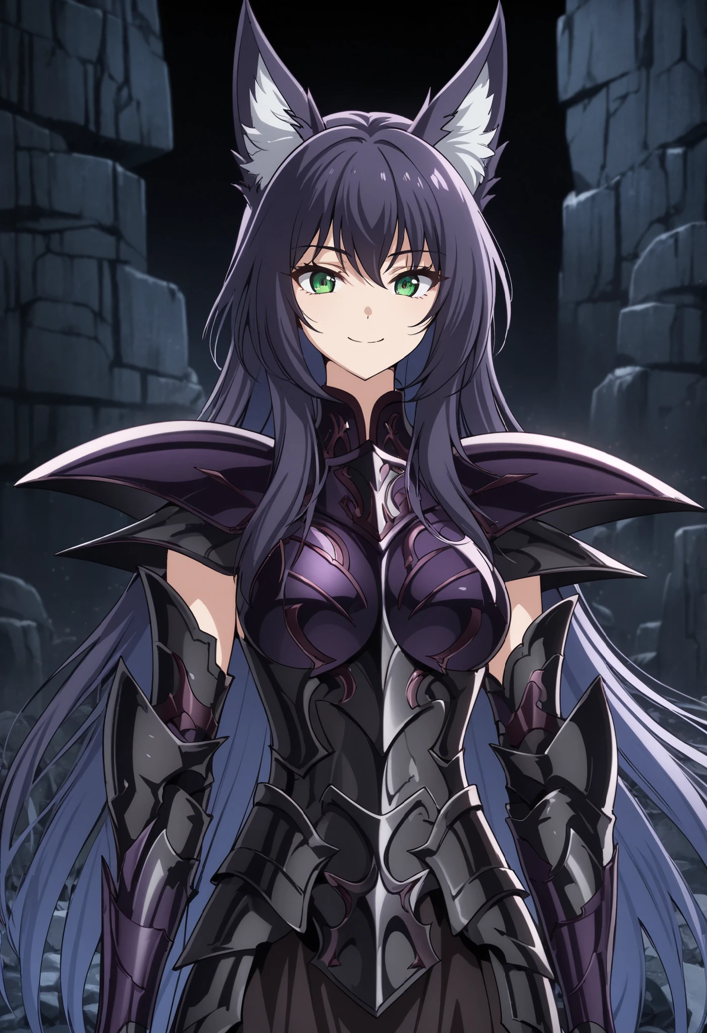 (high-quality, breathtaking),(expressive eyes, perfect face) Symmetrical Eyes, 1girl, female, solo, adult, looking at viewer, black background, narrow eyes, soft eerie blue lighting background, rock terrain background, Dark Purple Armor, trim, full plate armor, half body shot, solo, black armor, Specter, Dark Knights, plupre armor, fugue, green eyes, fox ears, charming, cute smile, positive expression, feminine