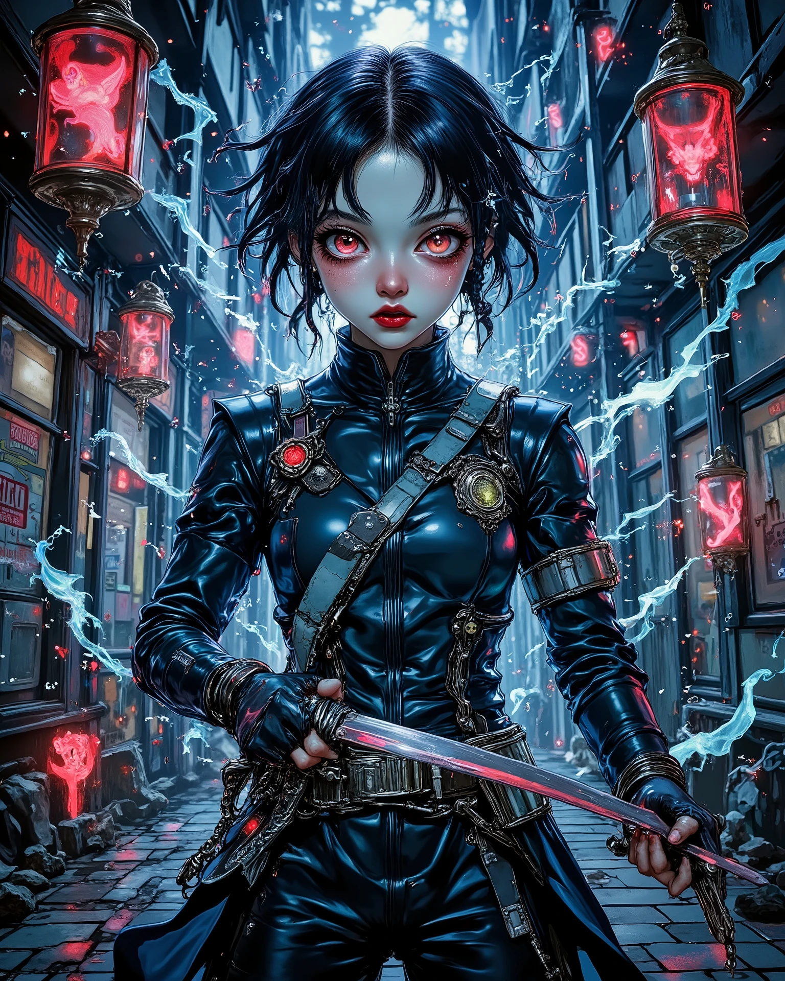 Modern-day exorcist high school student in reinforced uniform, Surrounded by floating talismans, Slicing through invisible demon spirits, Electric blue and crimson accent colors, Dark city alley at night, Urban monster hunter, Manga style, Eliminates cluttered background, Action-oriented pose, 【title: Glitch font「YŌ-HUNTER TOKYO」