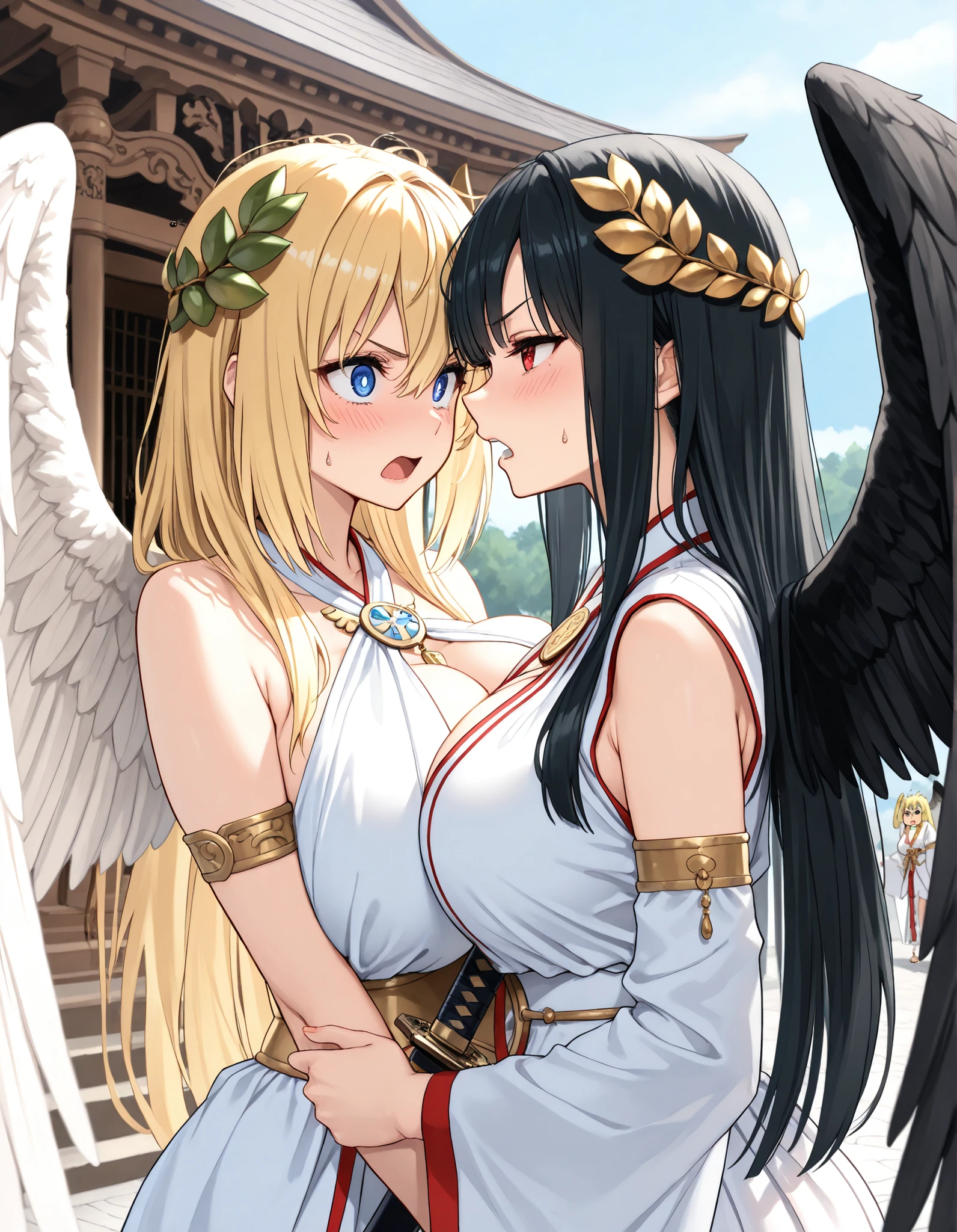 masterpiece, Highest Quality, details, 8K, Two Goddesses, (1st Goddess,  Japanese goddess , celestial maiden costume, Shrine maiden's hair ornament, long black hair, disheveled hair, beautiful character design, tall, black wings, pretty face, 美しくdetailsな目の描写, expressive eyes, blue eyes, mouth wide open, in public, huge breasts), (2nd Goddess, Roman Mythology Costumes, Olive hair ornament, blonde long, straight hair, beautiful character design, White Wings, Plain face, 美しくdetailsな目の描写, expressive eyes, Red Eyes, Brushed Face, huge breasts), 1st Goddess, holding a Japanese sword, 2nd Goddess, I have a Western sword, dynamic angle for the whole body, DYNAMIC POSE, anger, They hate each other, Confrontation at the Temple, (Action Scene), (fight action at the fair for one boy)