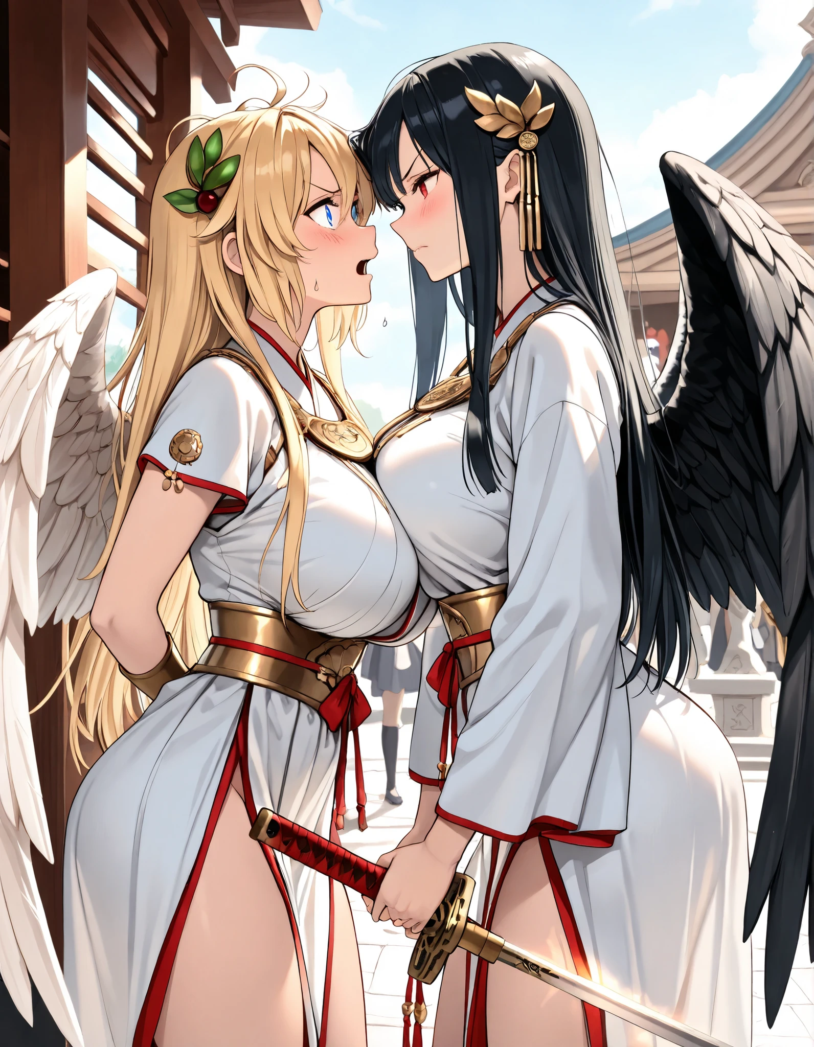 masterpiece, Highest Quality, details, 8K, Two Goddesses, face to face, anger, They hate each other, Confrontation at the Temple, (Swordplay:1.4), (1st Goddess, Japanese goddess , celestial maiden costume, Shrine maiden's hair ornament, long black hair, disheveled hair, beautiful character design, tall, black wings, pretty face, 美しくdetailsな目の描写, expressive eyes, blue eyes, mouth wide open, in public, huge breasts, Japanese sword in hand), (2nd Goddess, Roman Mythology Costumes, Olive hair ornament, blonde long, straight hair, beautiful character design, White Wings, Plain face, 美しくdetailsな目の描写, expressive eyes, Red Eyes, Brushed Face, huge breasts, Excalibur in hand), dynamic angle for the whole body, DYNAMIC POSE