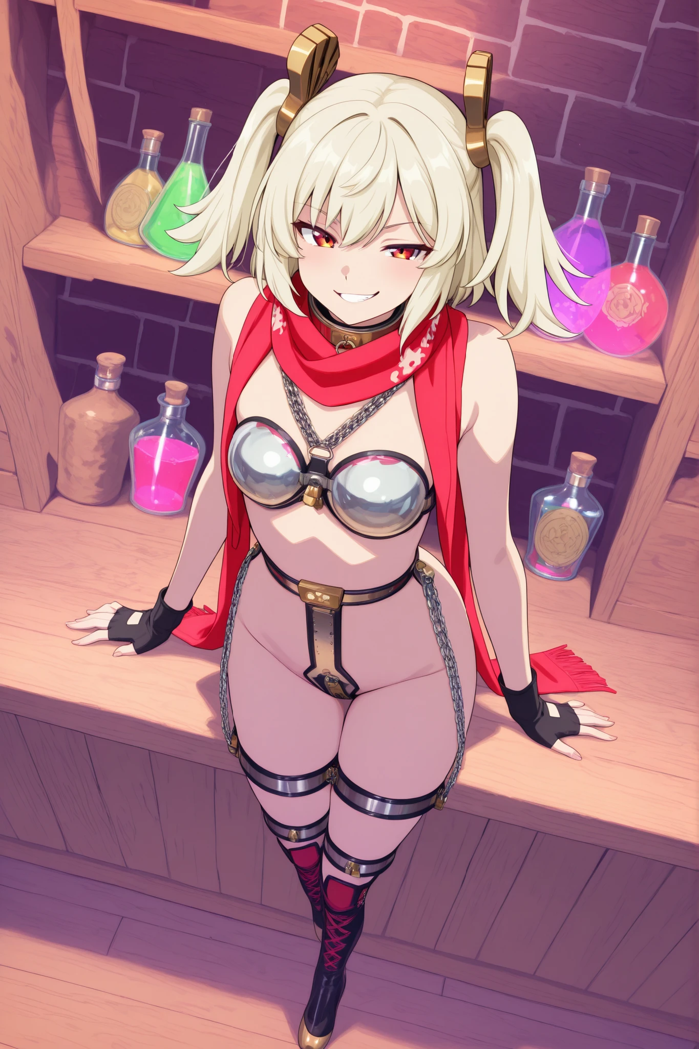 Anime illustration of a confident female character with platinum blonde pigtails and brown horns, leaning against a wooden bar counter. She has striking amber-red slit-pupil eyes and a mischievous smirk. (Wearing collar, chastity bra, chastity belt,thigh bands, ballet boots), red scarf, and black fingerless gloves. Background features dark brick walls and wooden shelves stocked with colorful glass potion bottles in red, blue, green, and purple hues. Warm lighting creates a cozy tavern atmosphere with subtle shadows. High-quality anime style with clean lines, vibrant colors, and detailed character design.